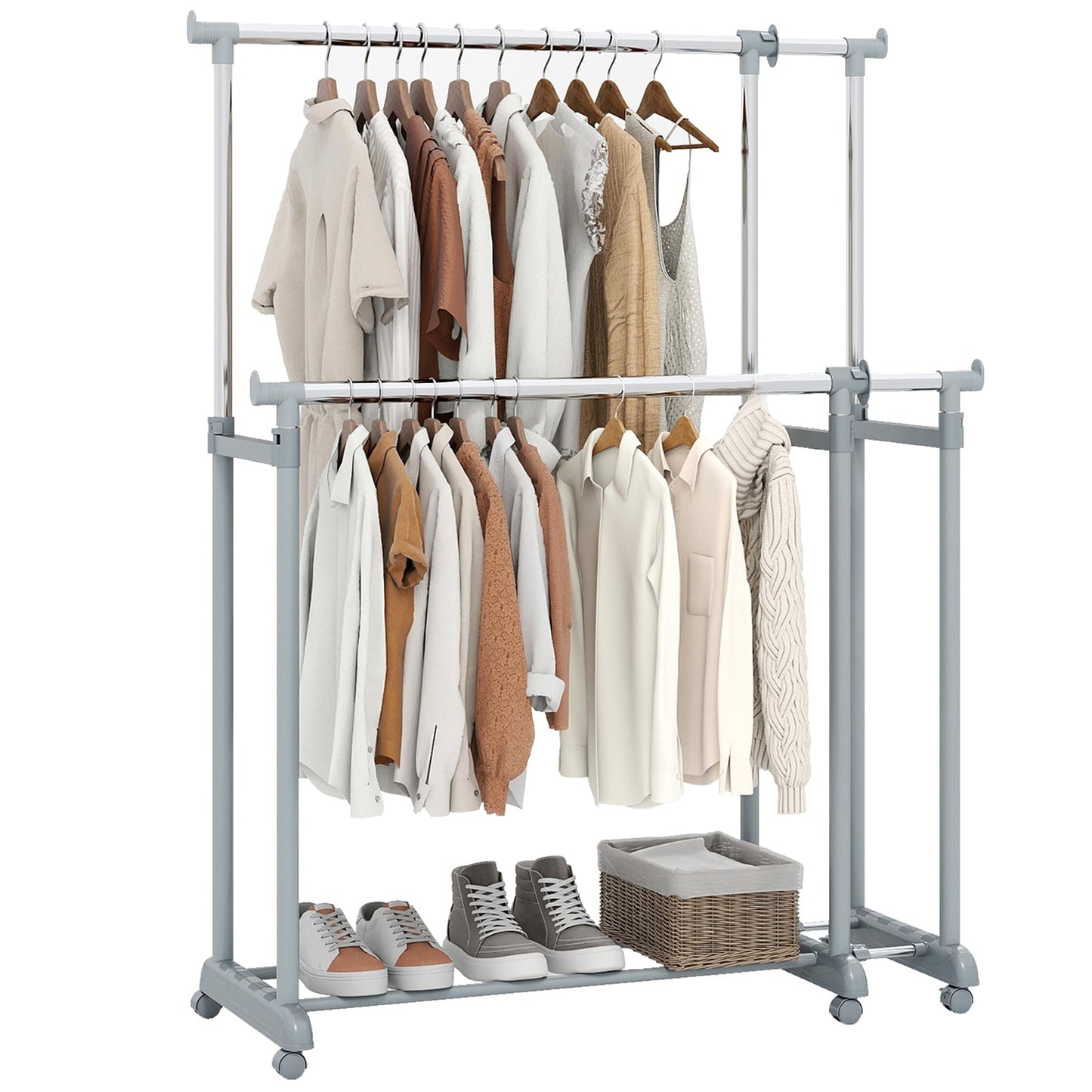 Heavy-Duty Double Rod Clothes Rack, Adjustable Height & Width