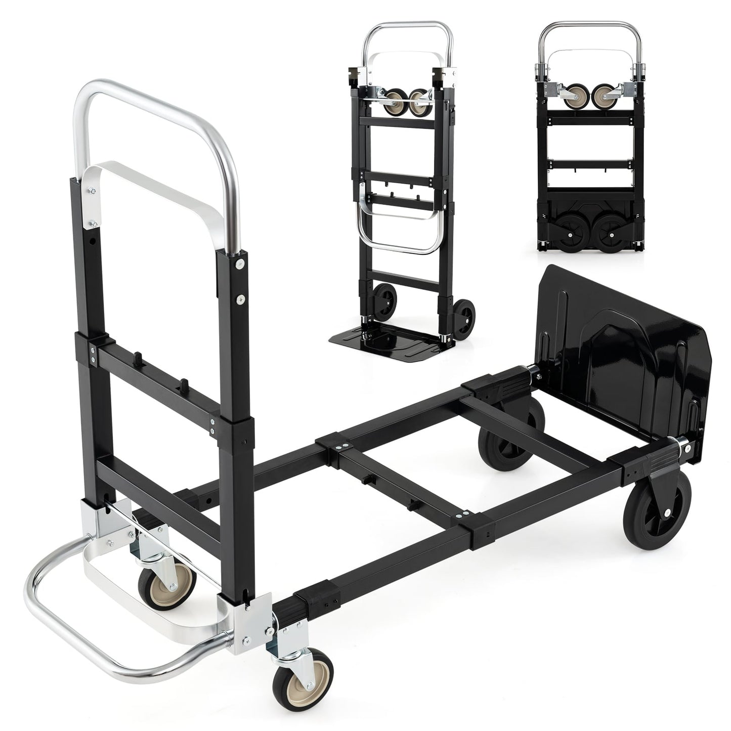 Heavy-Duty Folding Cart, 3-in-1, Adjustable Handle, Black