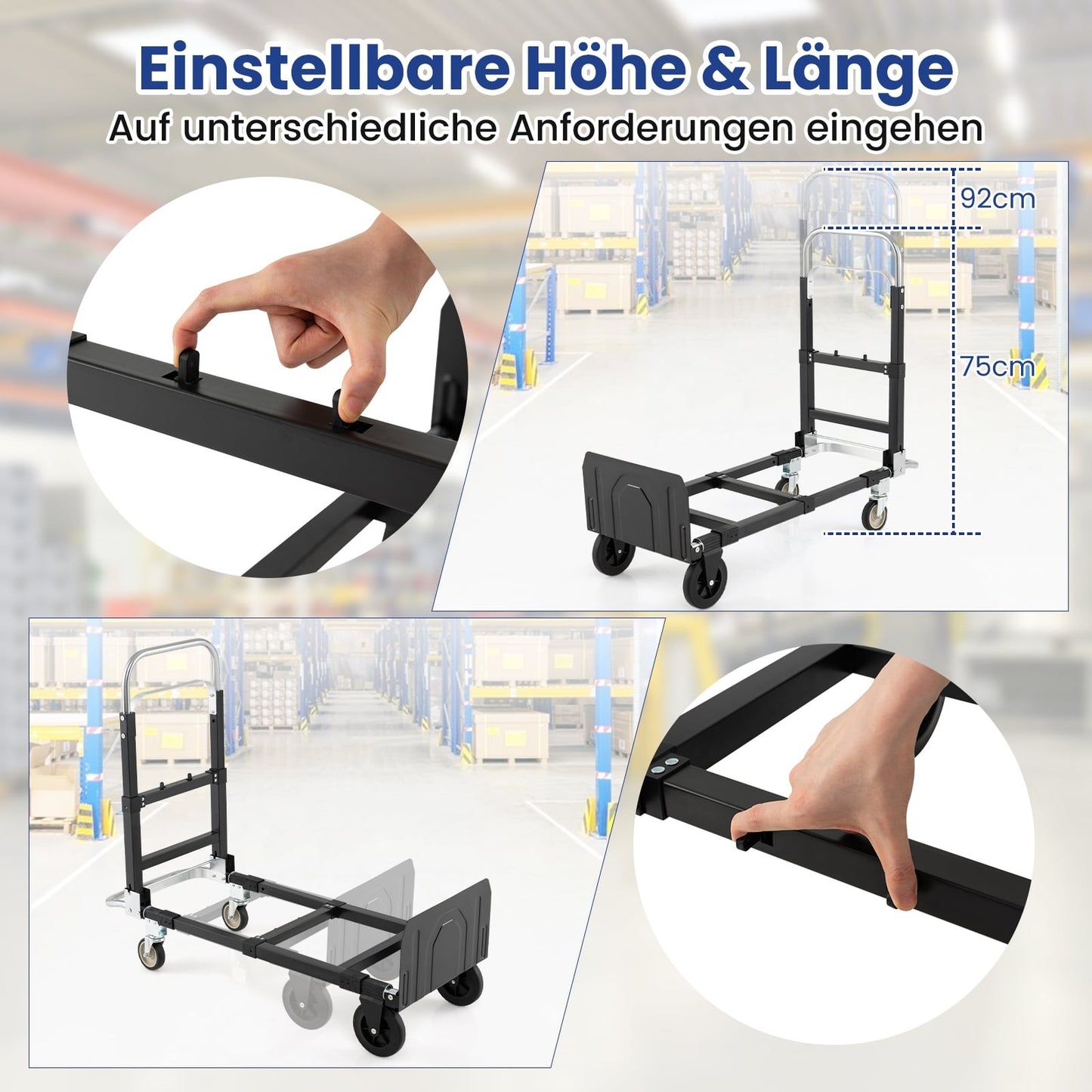 Heavy-Duty Folding Cart, 3-in-1, Adjustable Handle, Black
