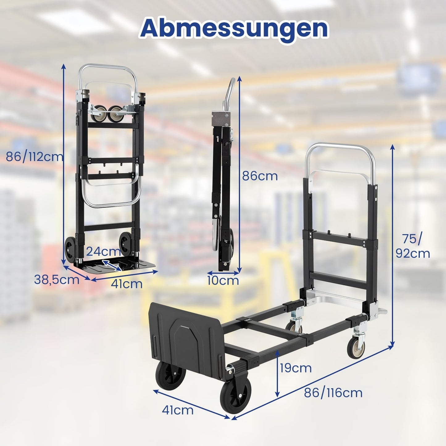 Heavy-Duty Folding Cart, 3-in-1, Adjustable Handle, Black