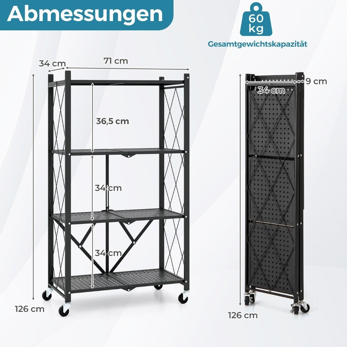 Heavy-duty folding shelf, 4 levels, standing shelf with lockable wheels, black, 71 x 34 x 126 cm
