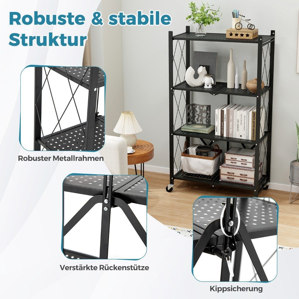 Heavy-duty folding shelf, 4 levels, standing shelf with lockable wheels, black, 71 x 34 x 126 cm
