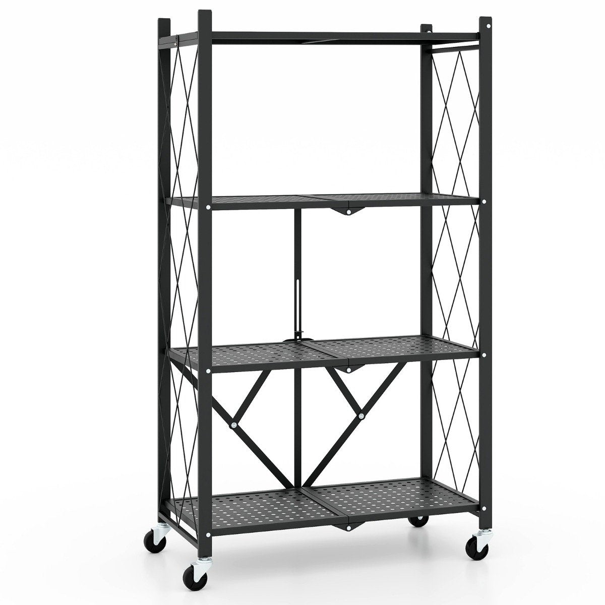 Heavy-duty folding shelf, 4 levels, standing shelf with lockable wheels, black, 71 x 34 x 126 cm