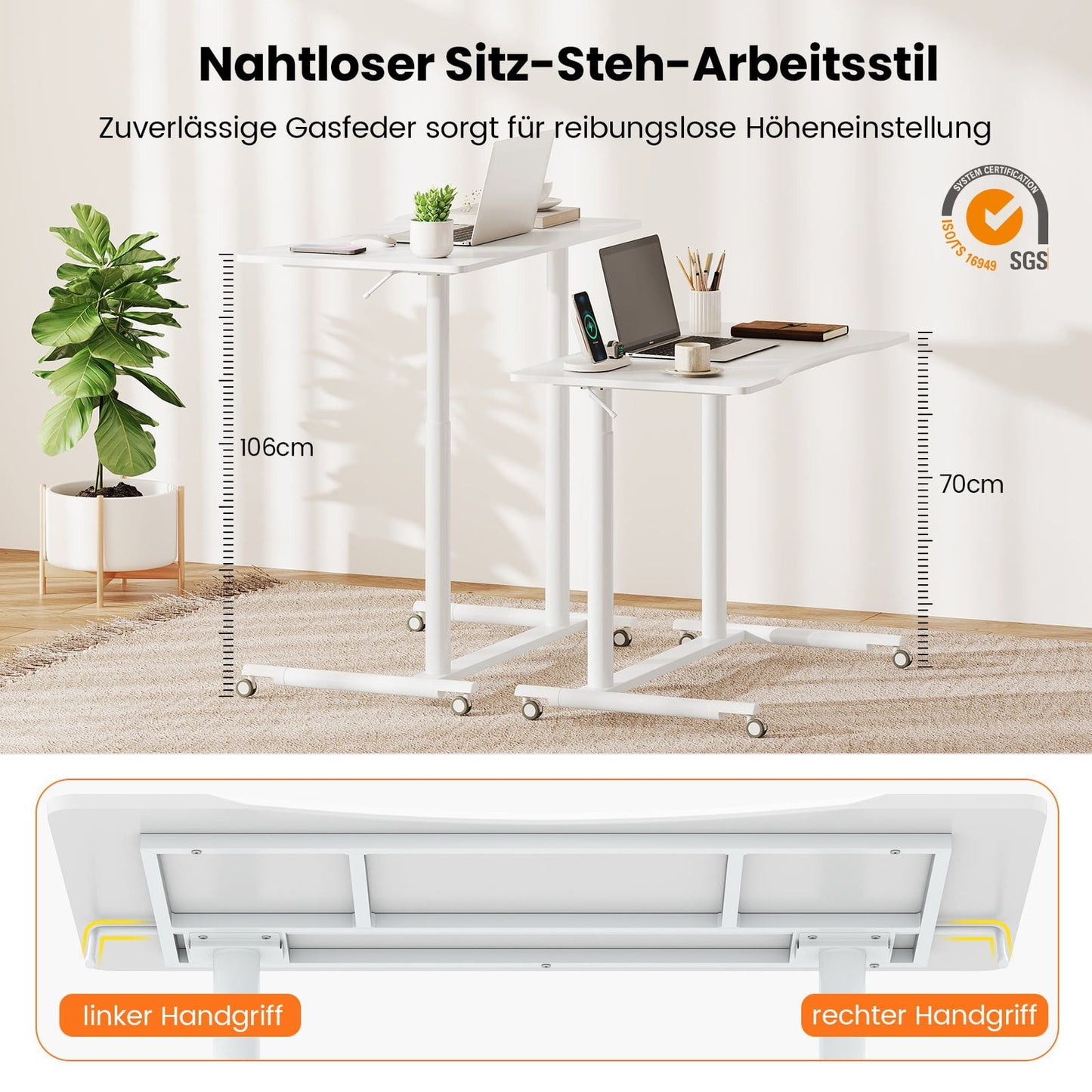 Height-Adjustable C-Shaped Desk with Wheels, 70-106 cm