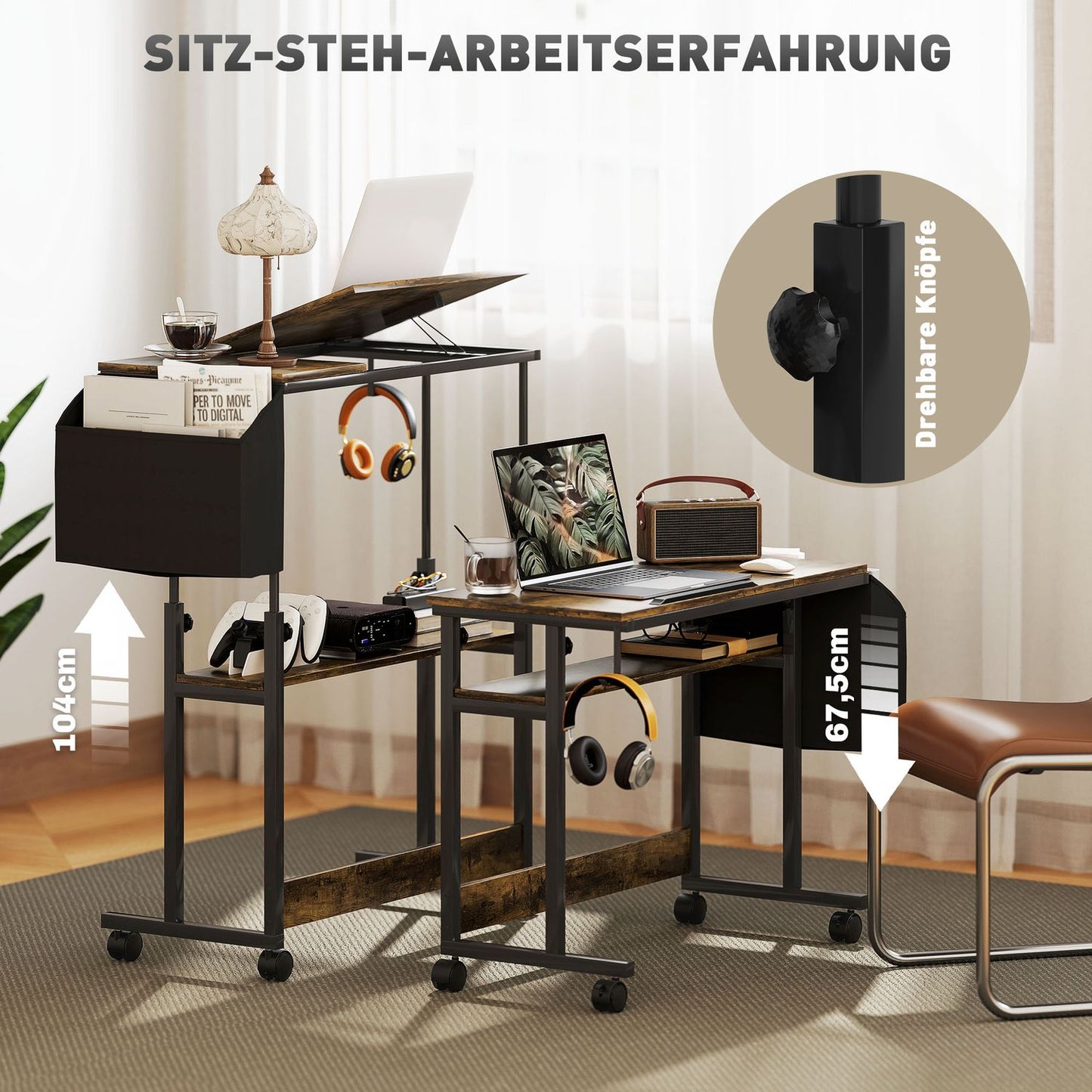 Height-adjustable computer desk, 92x40 cm, Rustic brown