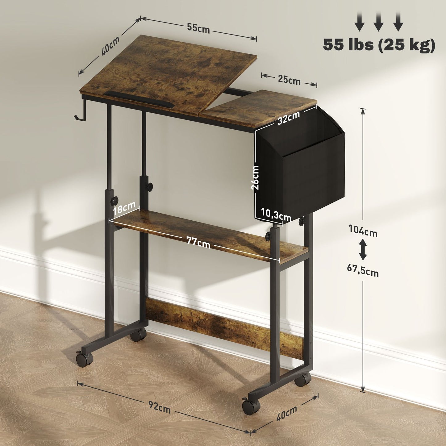 Height-adjustable computer desk, 92x40 cm, Rustic brown