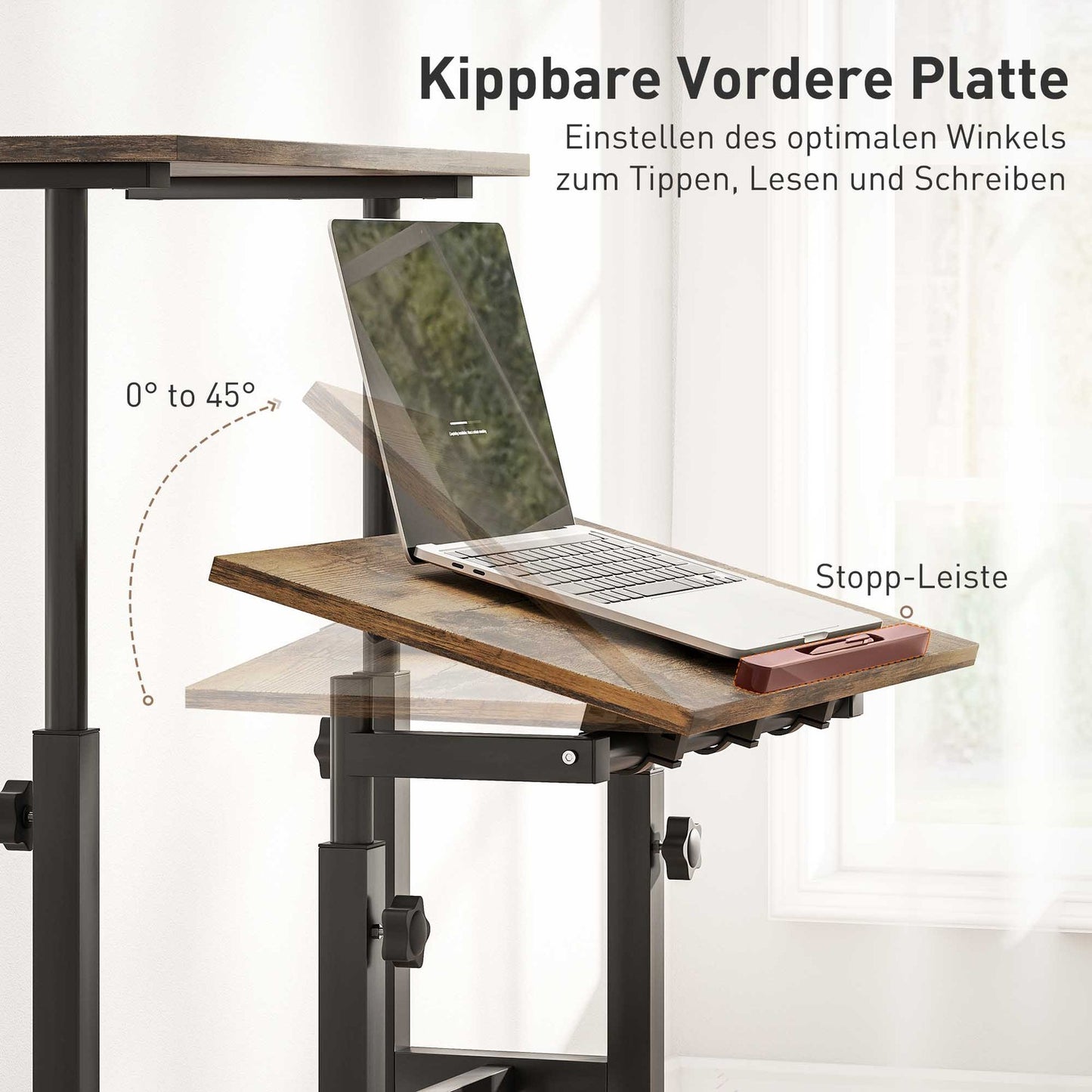 Height-Adjustable Desk with Shelf & Wheels, Rustic Brown
