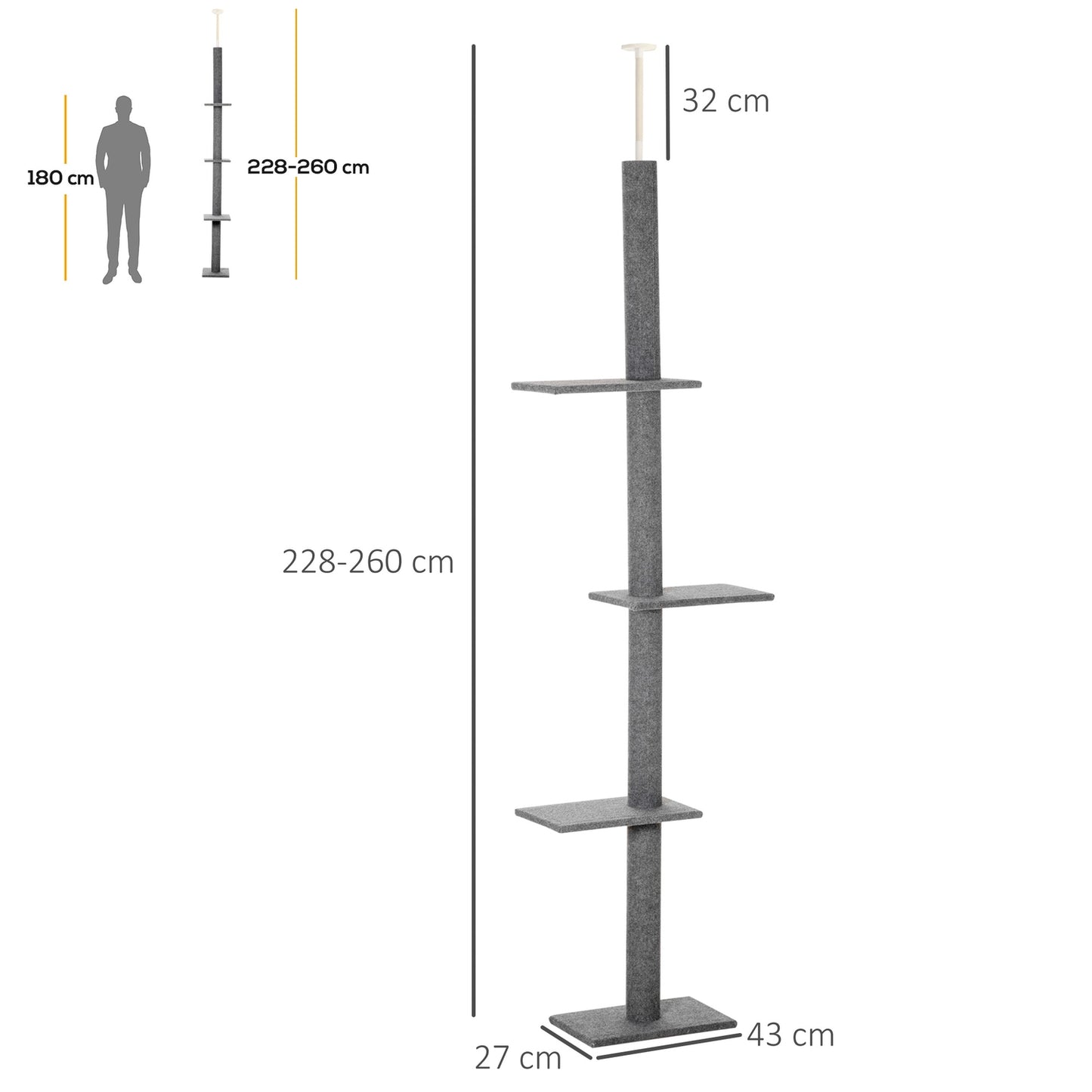 Height-adjustable cat scratching post, climbing tree, grey