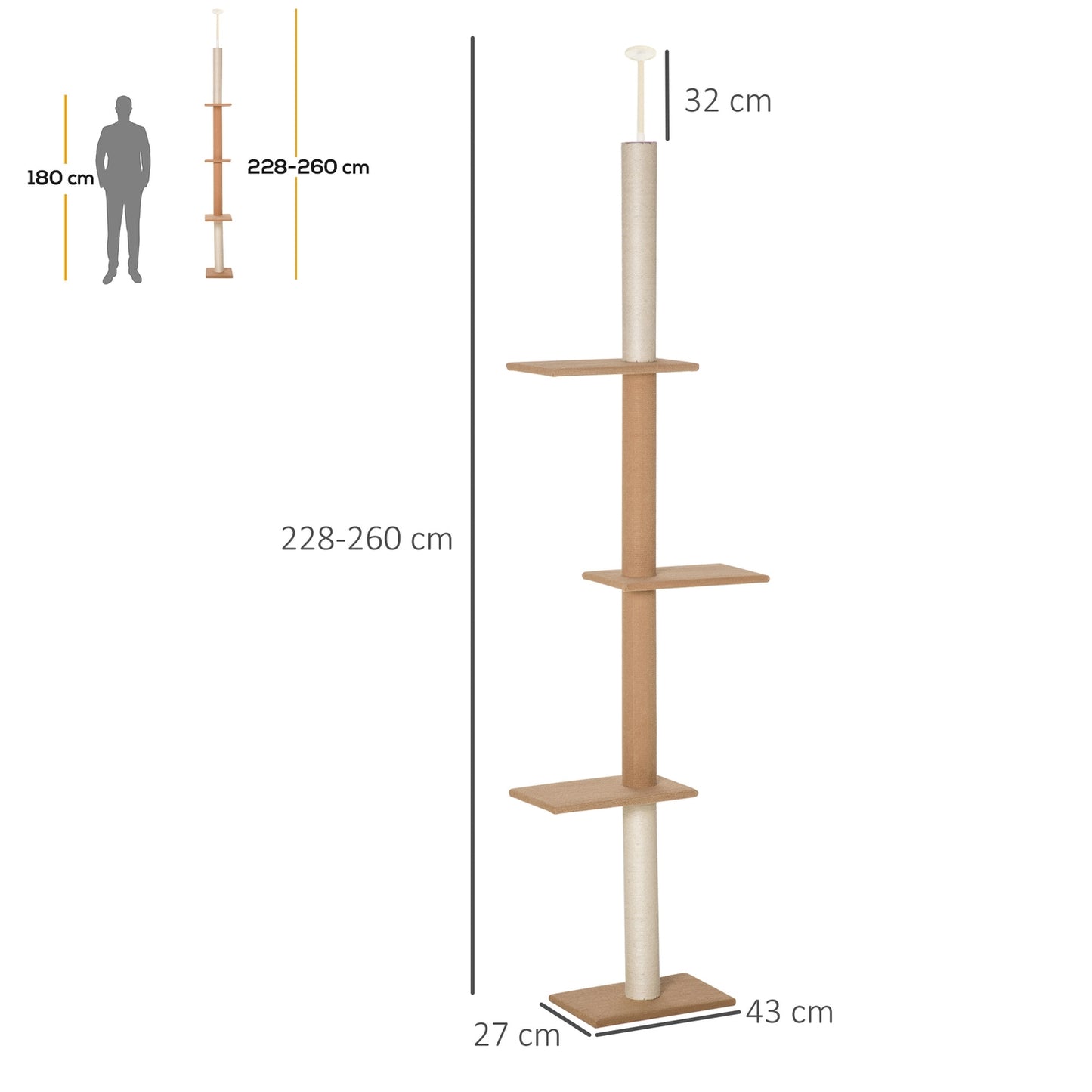 Cat climbing tree, height adjustable scratching post, khaki
