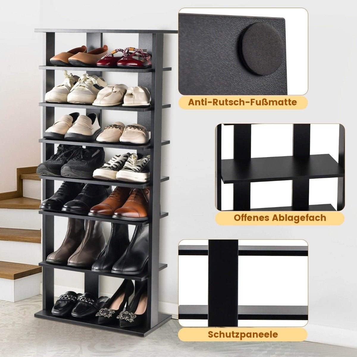 Height-adjustable 8-tier shoe stand made of wood, shoe rack, free-standing corner shelf, brown