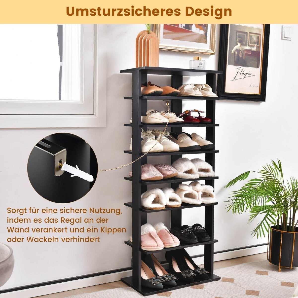 Height-adjustable 8-tier shoe stand made of wood, shoe rack, free-standing corner shelf, brown