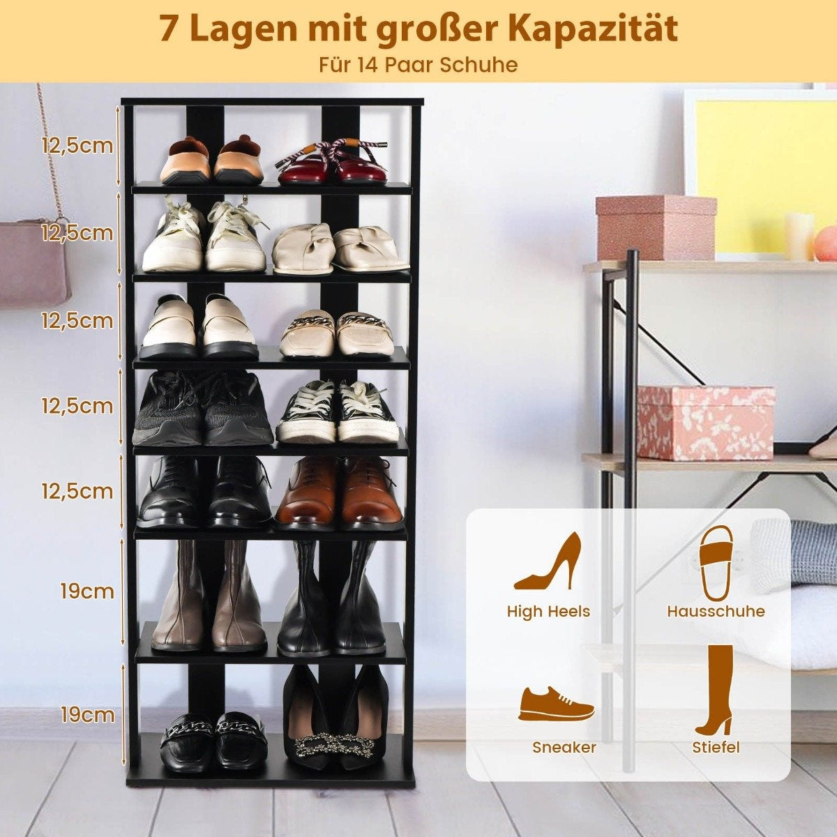 Height-adjustable 8-tier shoe stand made of wood, shoe rack, free-standing corner shelf, brown