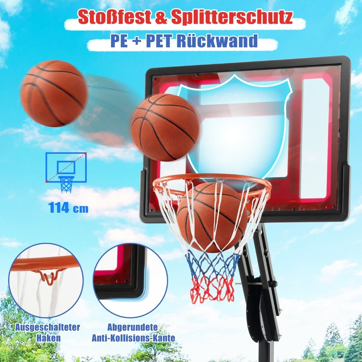 Height-adjustable basketball stand basketball hoop with stand & 2 wheels 105-260 cm black