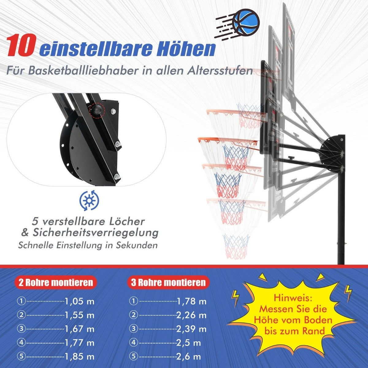 Height-adjustable basketball stand basketball hoop with stand & 2 wheels 105-260 cm black