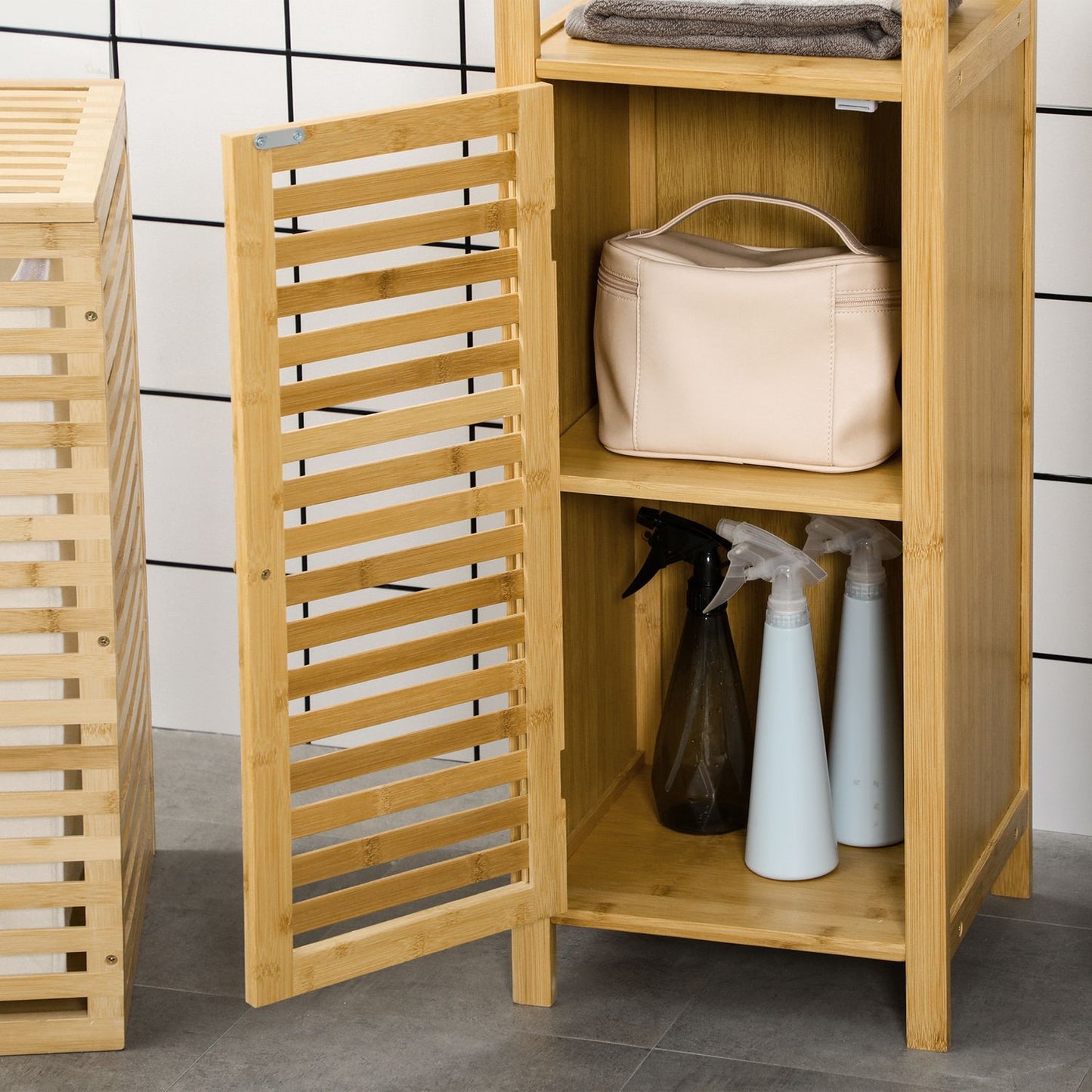 Height-adjustable bathroom cabinet in bamboo, 33x30x120 cm