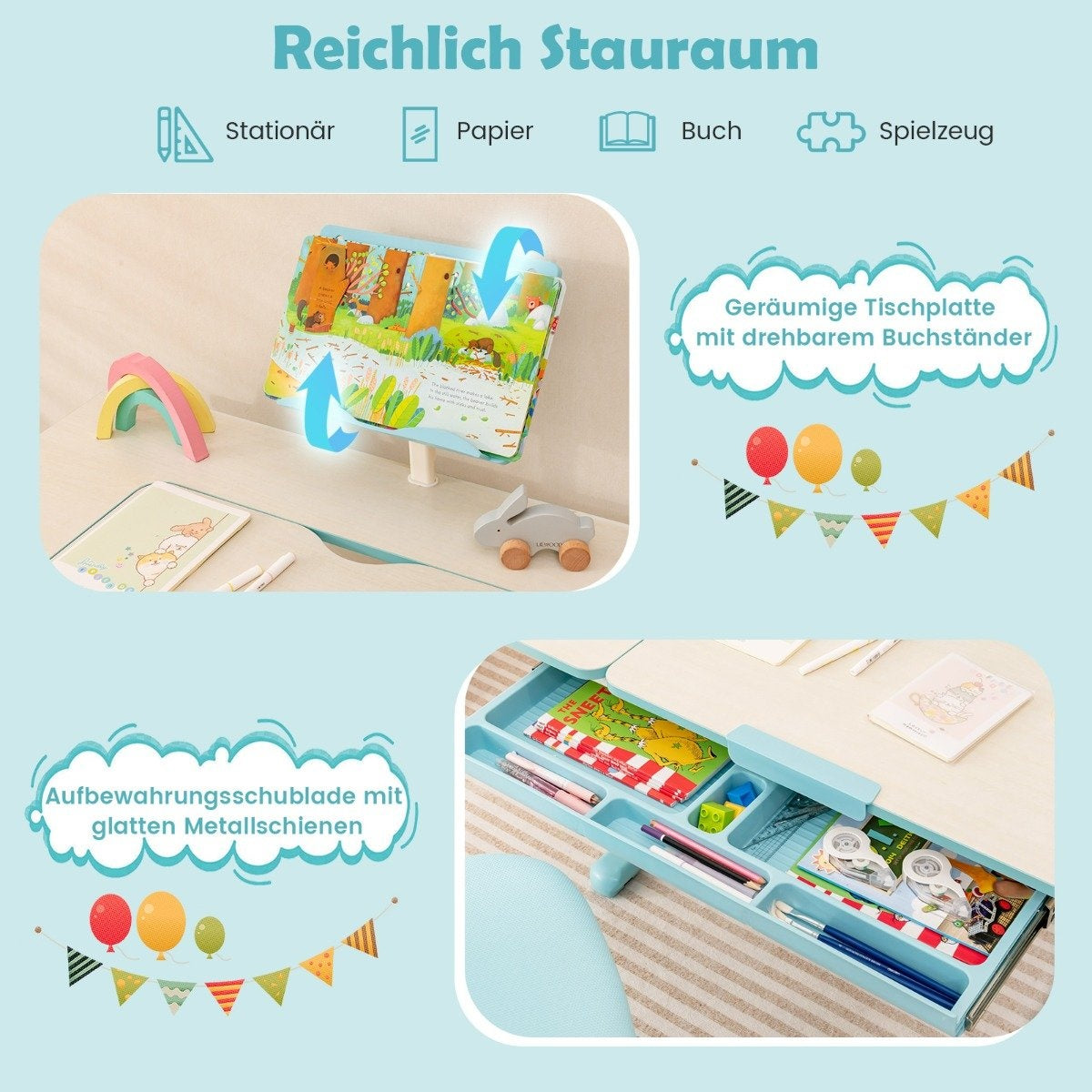 Height-adjustable children's desk set with tilting table top and book stand (blue table)