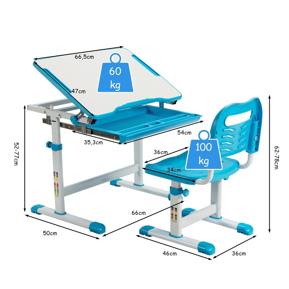 Height-adjustable children's desk set with tilting table top and drawer blue