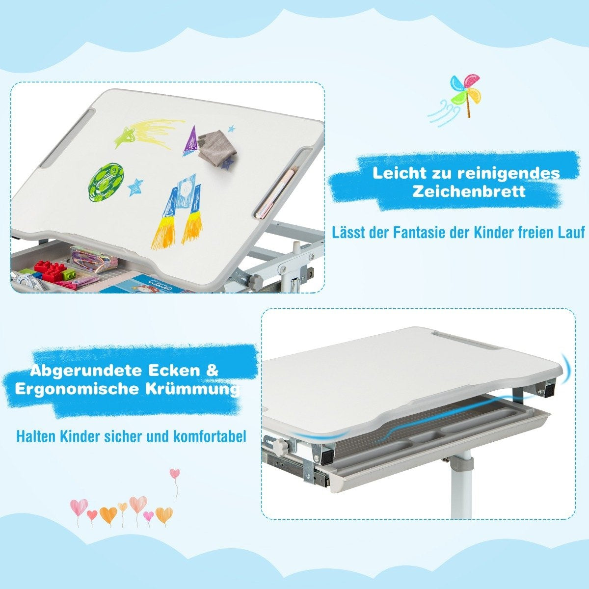 Height-adjustable children's desk set with tilting table top and drawer with gray chair