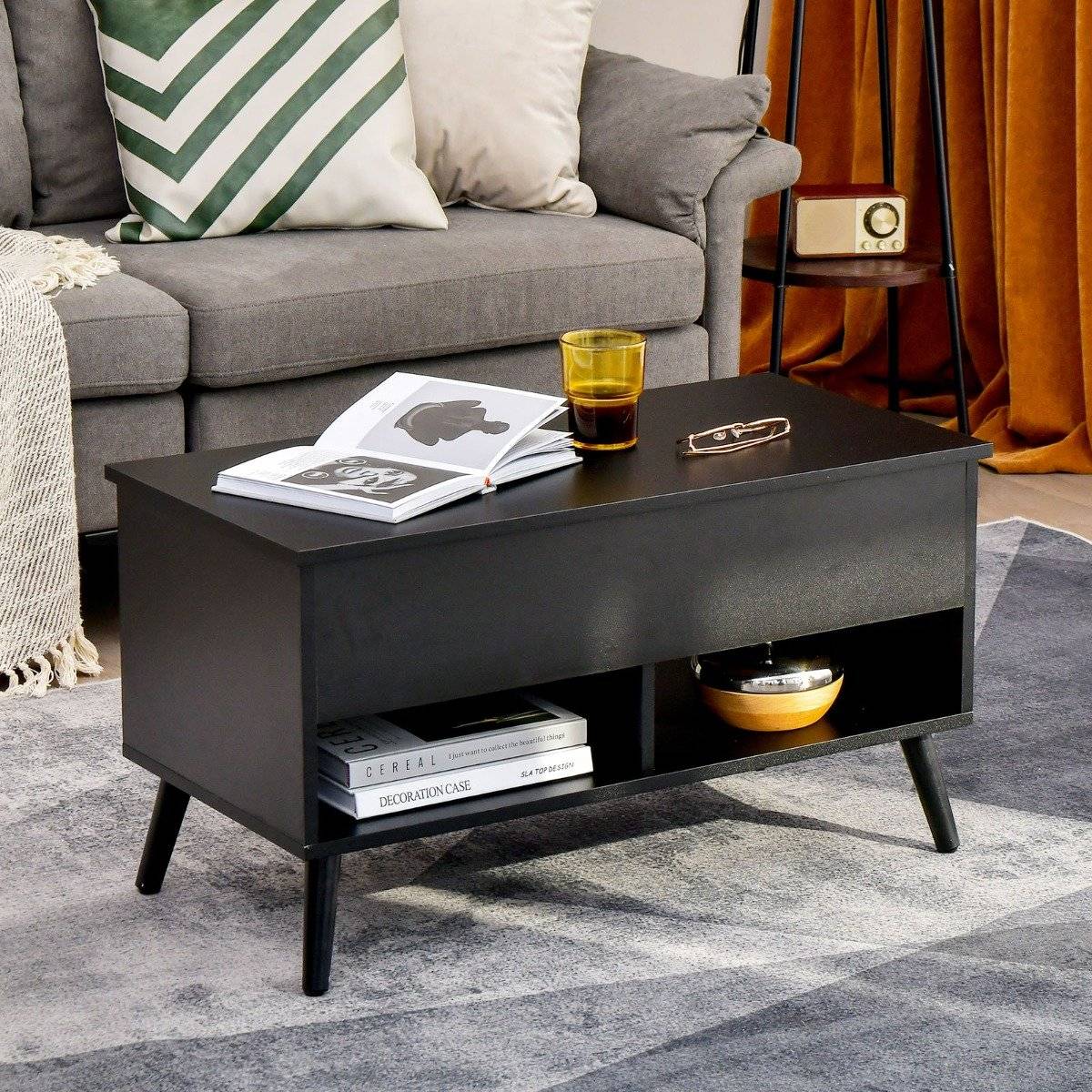 Height-adjustable coffee table with liftable table top & 2 open shelves, coffee table black