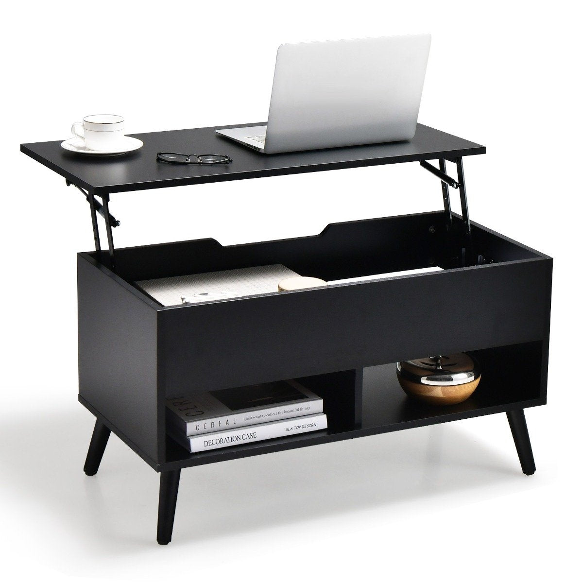 Height-adjustable coffee table with liftable table top & 2 open shelves, coffee table black