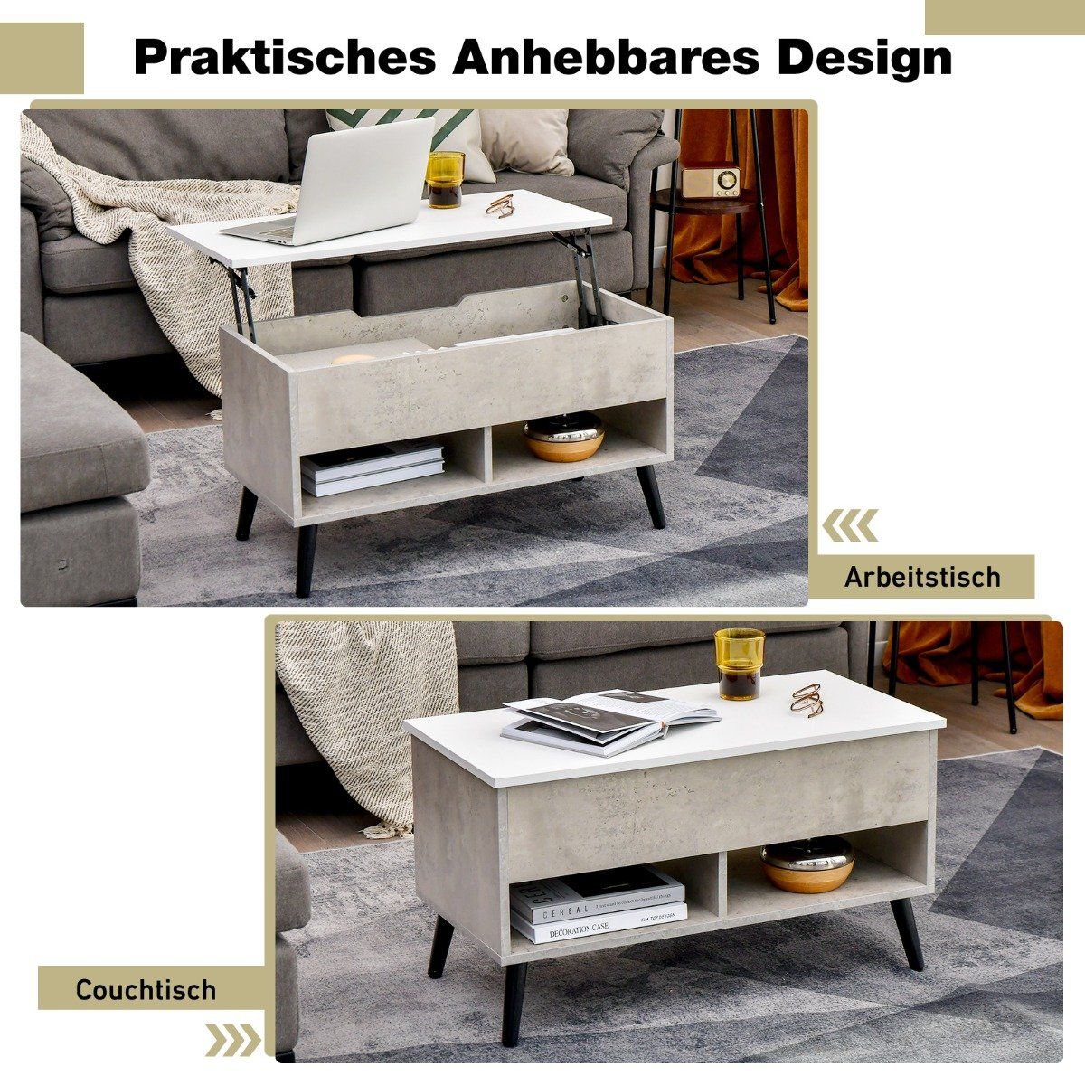 Height-adjustable coffee table with liftable table top & 2 open shelves, gray coffee table