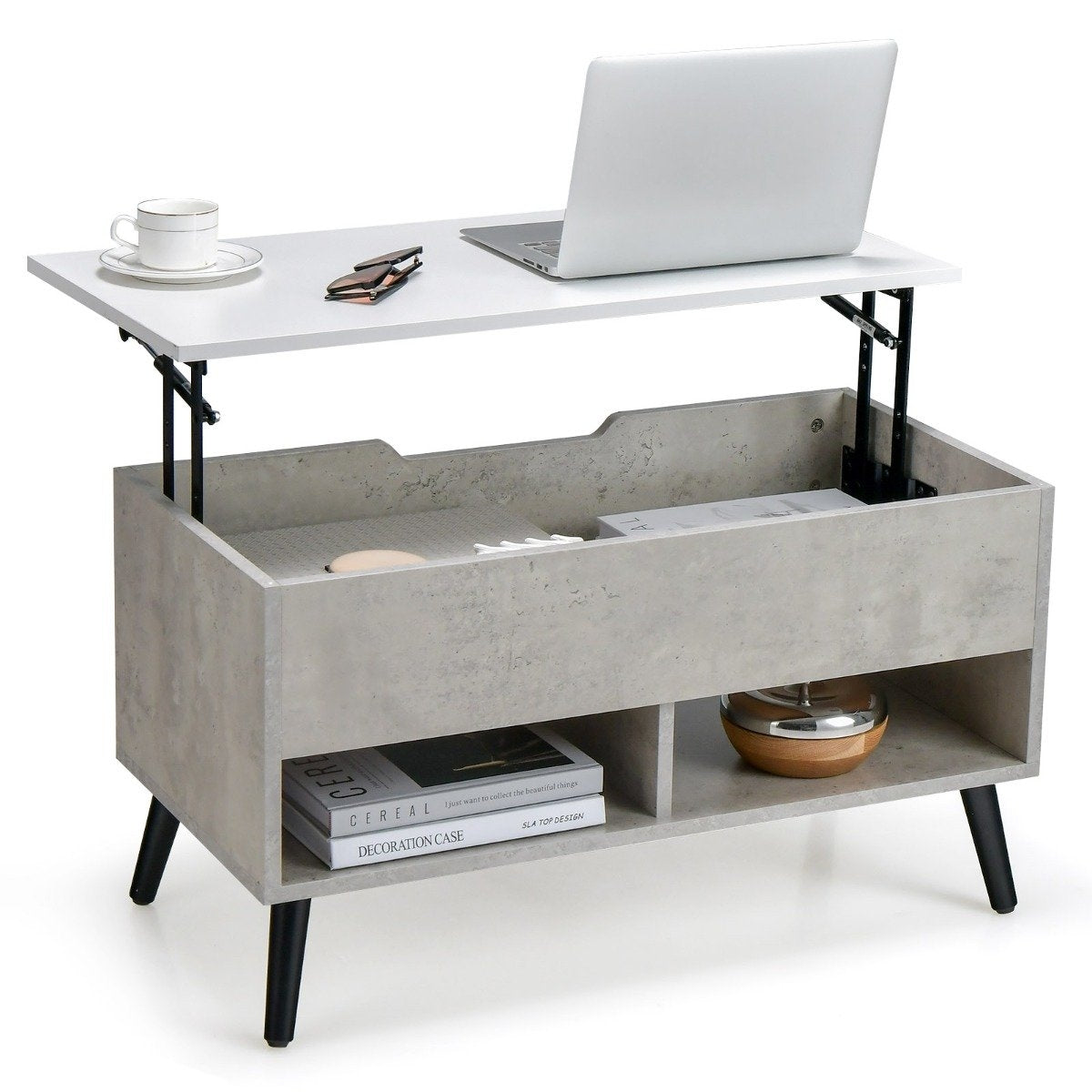 Height-adjustable coffee table with liftable table top & 2 open shelves, gray coffee table