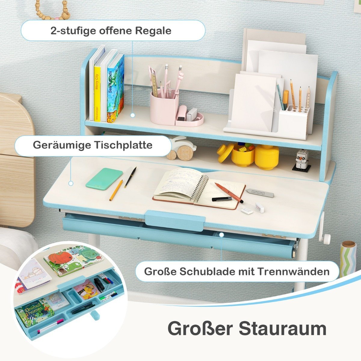 Height-adjustable desk with tilting table top &amp; Drawer &amp; Shelf Children's Study Table Blue