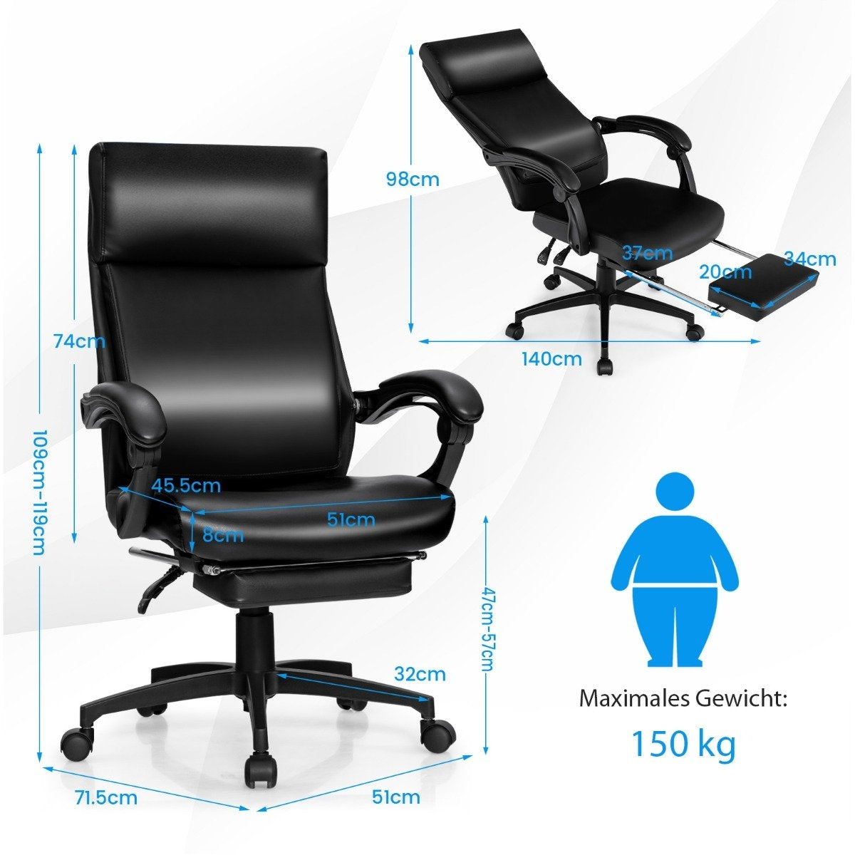 Height-adjustable executive chair swivel chair with headrest & retractable footrest black 360° rotatable 105-145° adjustable