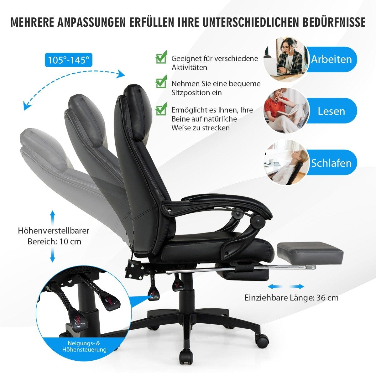 Height-adjustable executive chair swivel chair with headrest & retractable footrest black 360° rotatable 105-145° adjustable