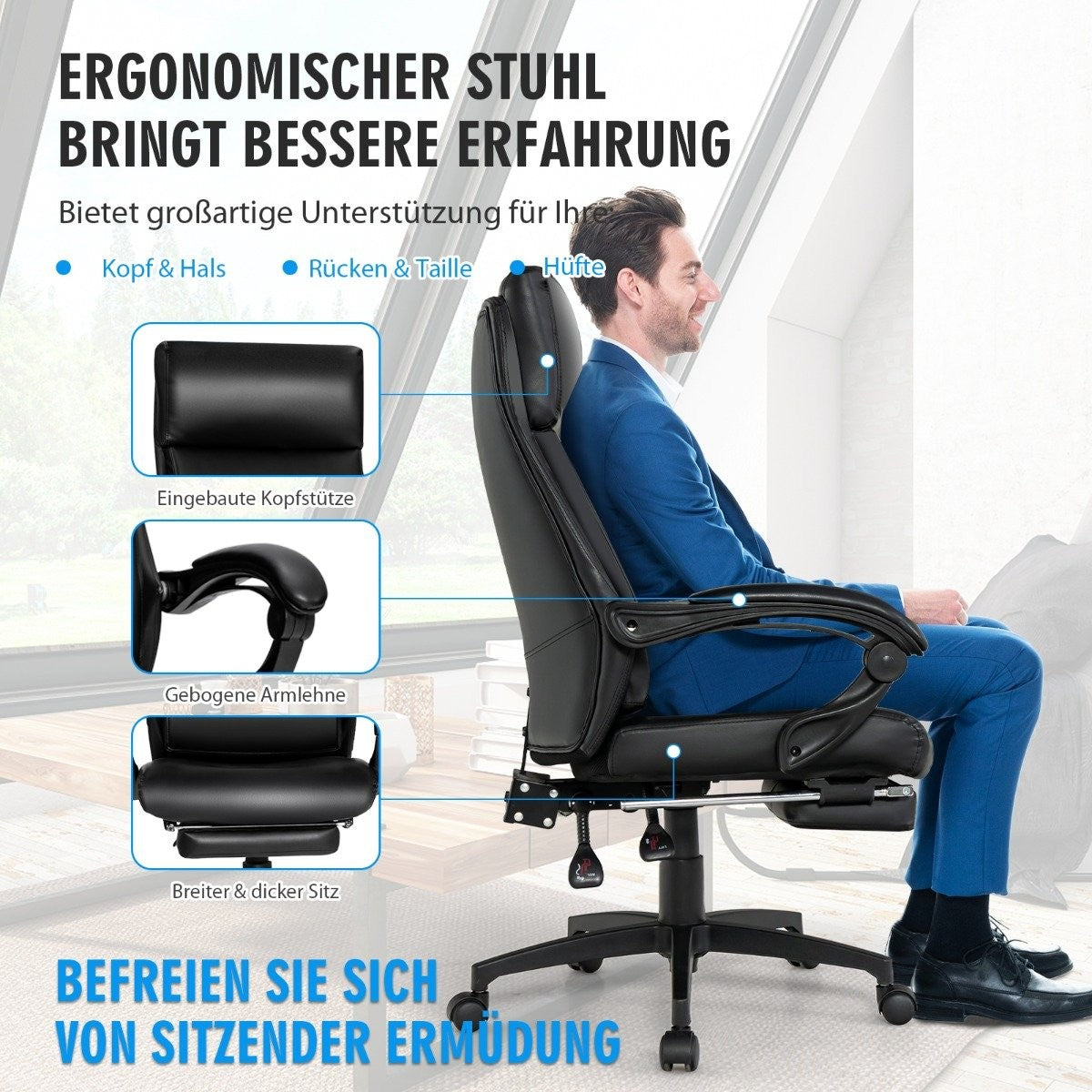 Height-adjustable executive chair swivel chair with headrest & retractable footrest black 360° rotatable 105-145° adjustable
