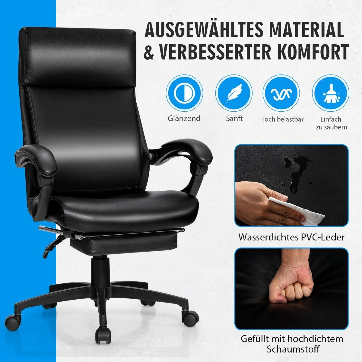 Height-adjustable executive chair swivel chair with headrest & retractable footrest black 360° rotatable 105-145° adjustable