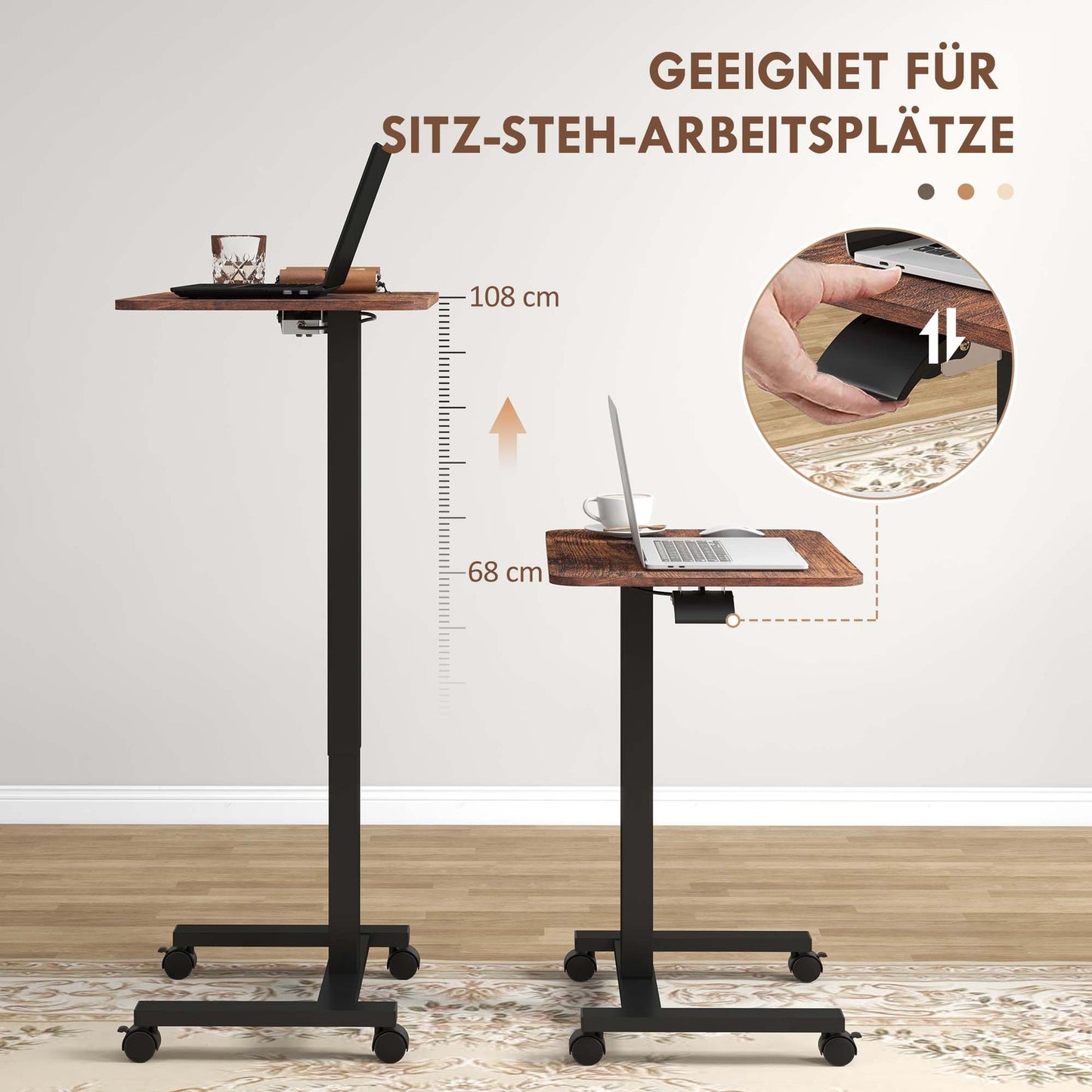 Height adjustable laptop, rustic brown, wheels and brake