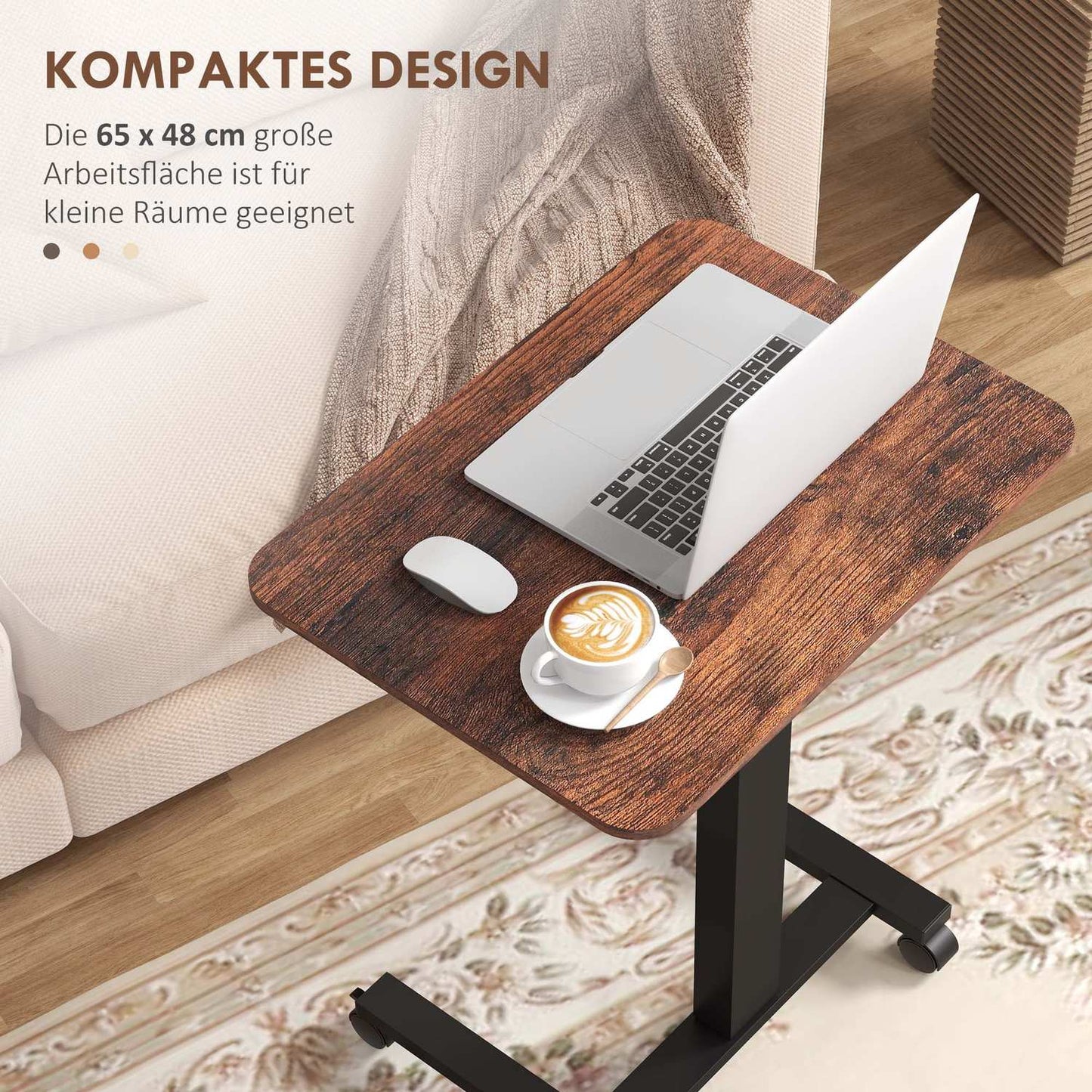 Height adjustable laptop, rustic brown, wheels and brake