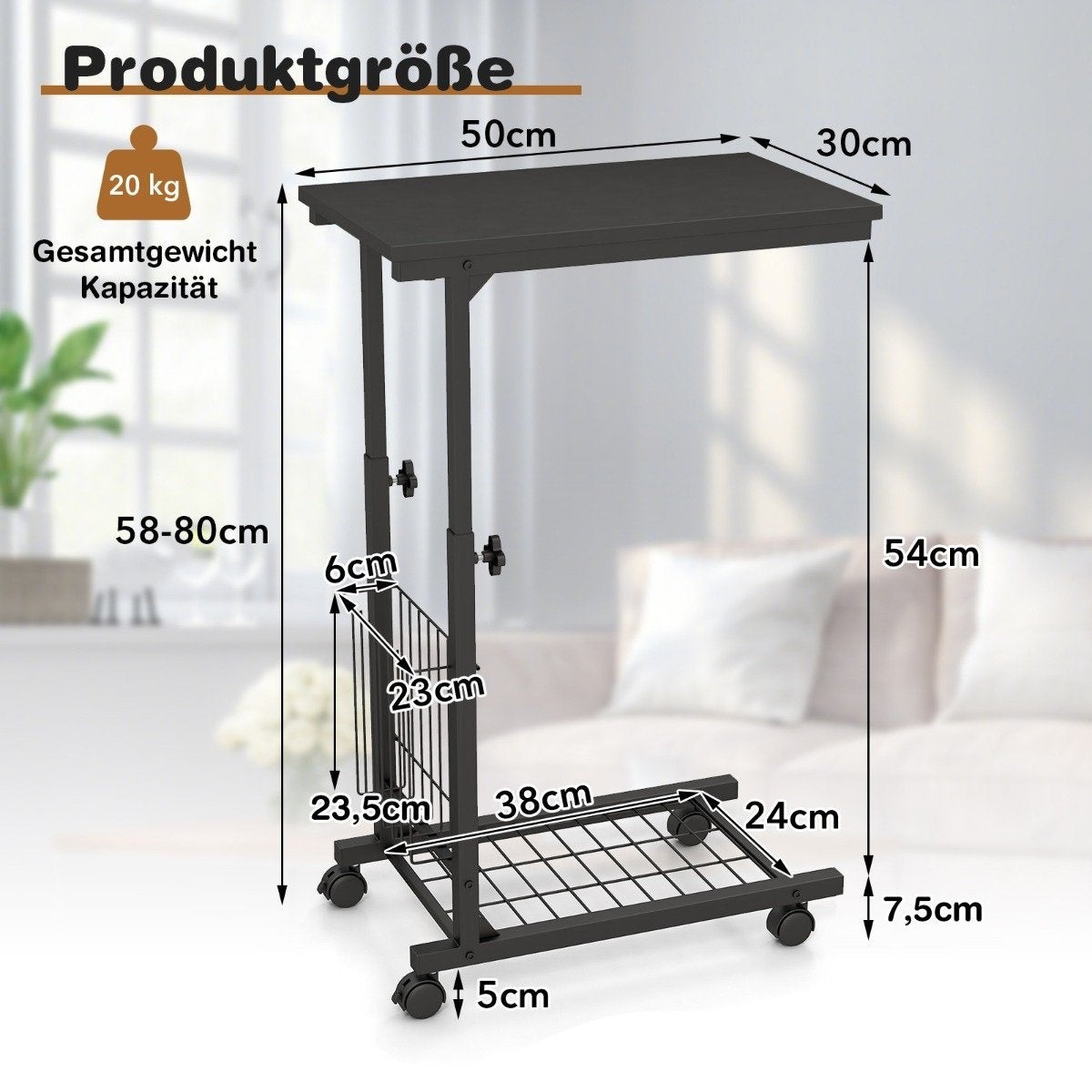 Height-adjustable laptop table with storage basket & wheels C-shape sofa table black