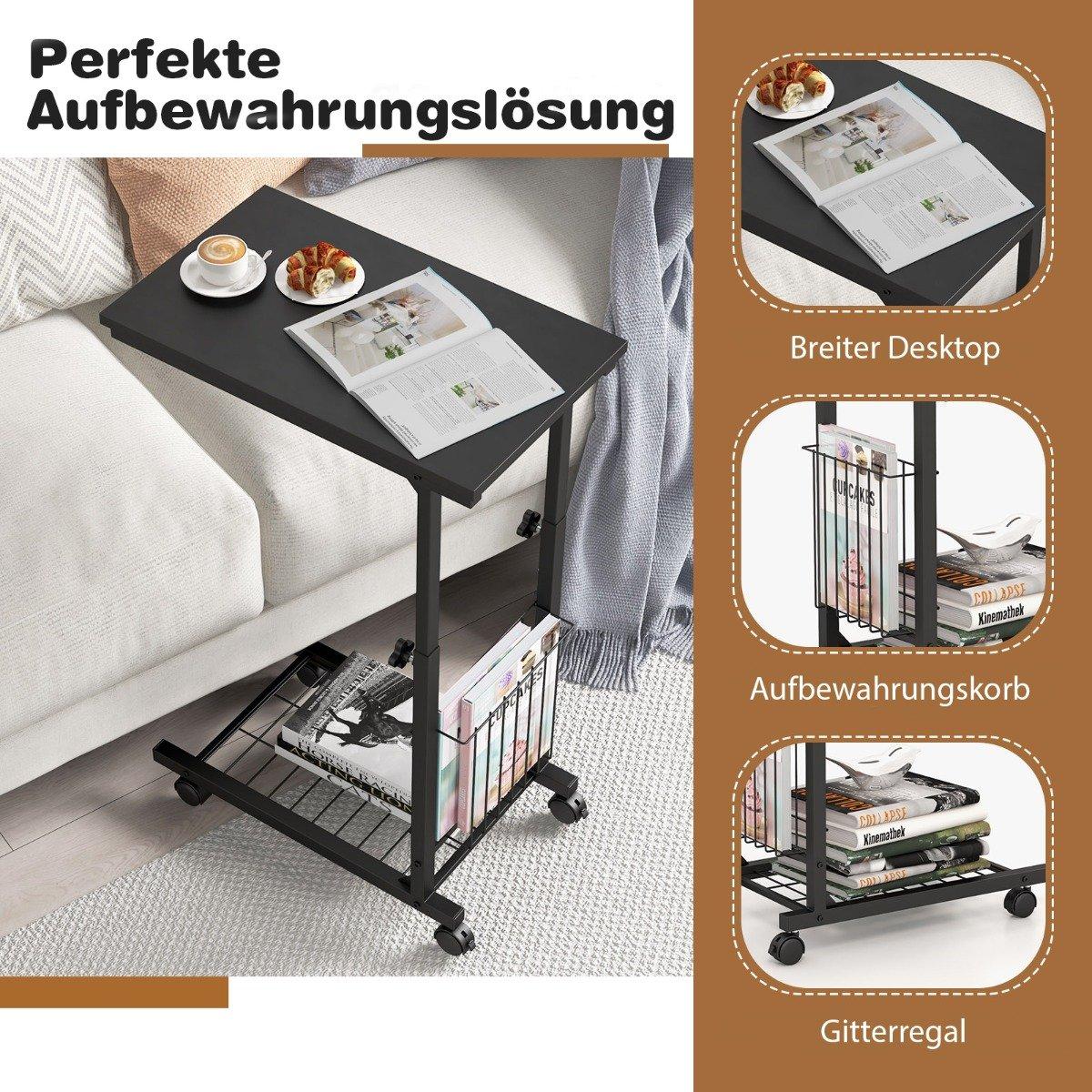 Height-adjustable laptop table with storage basket & wheels C-shape sofa table black