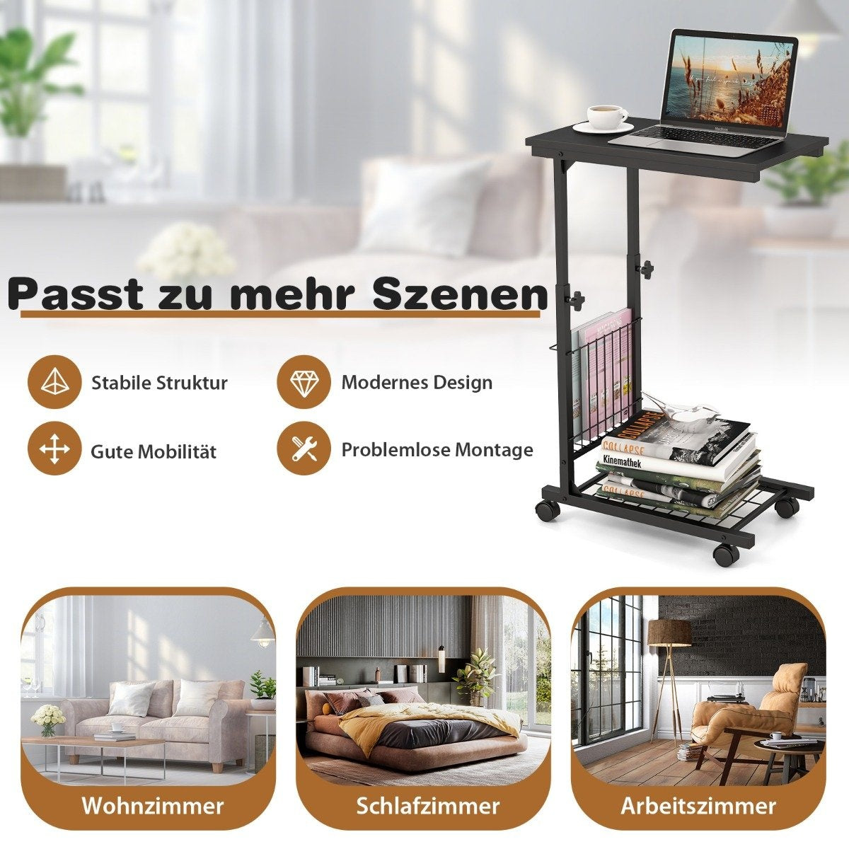 Height-adjustable laptop table with storage basket & wheels C-shape sofa table black