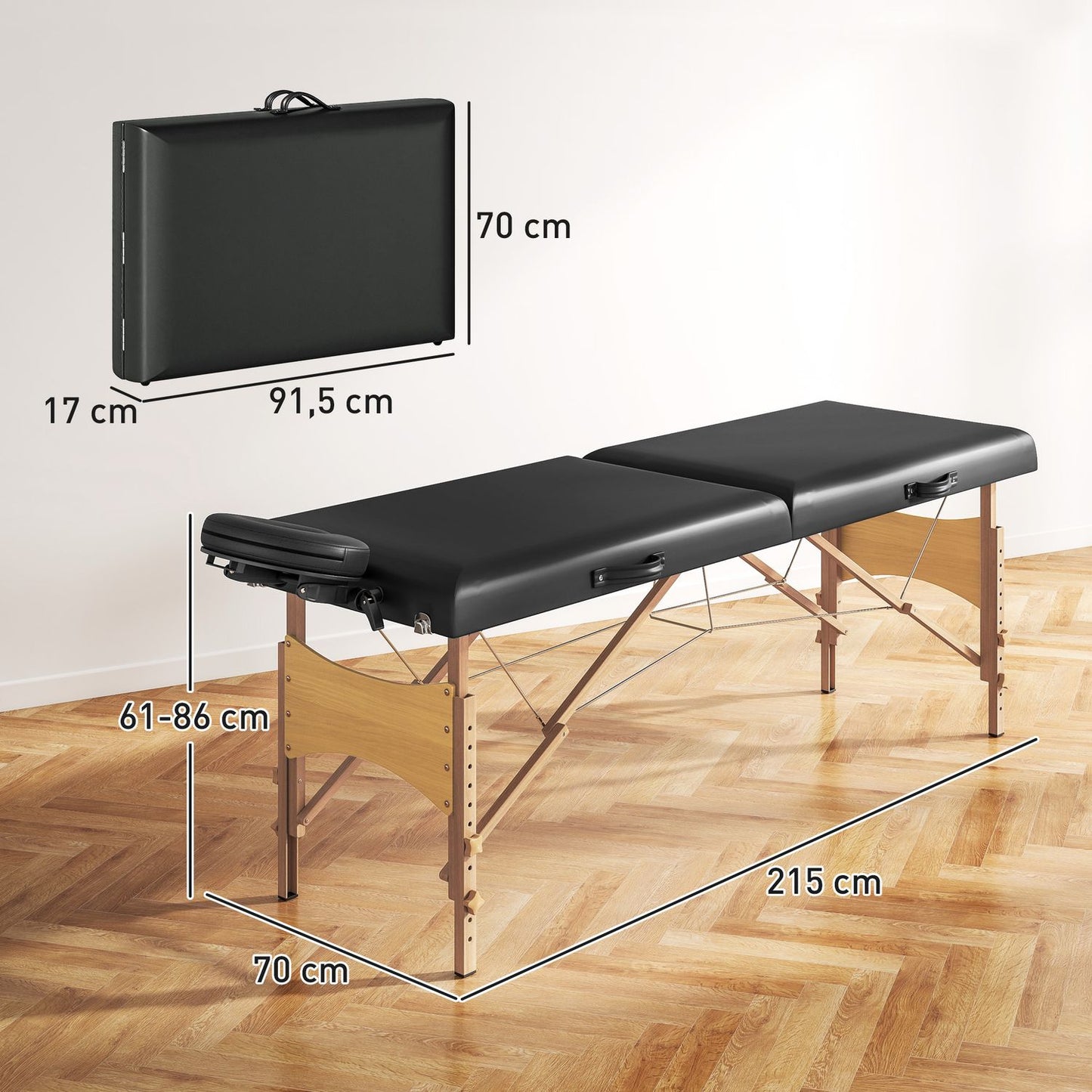 Foldable Massage Table, Height-Adjustable, Black, Wood Frame