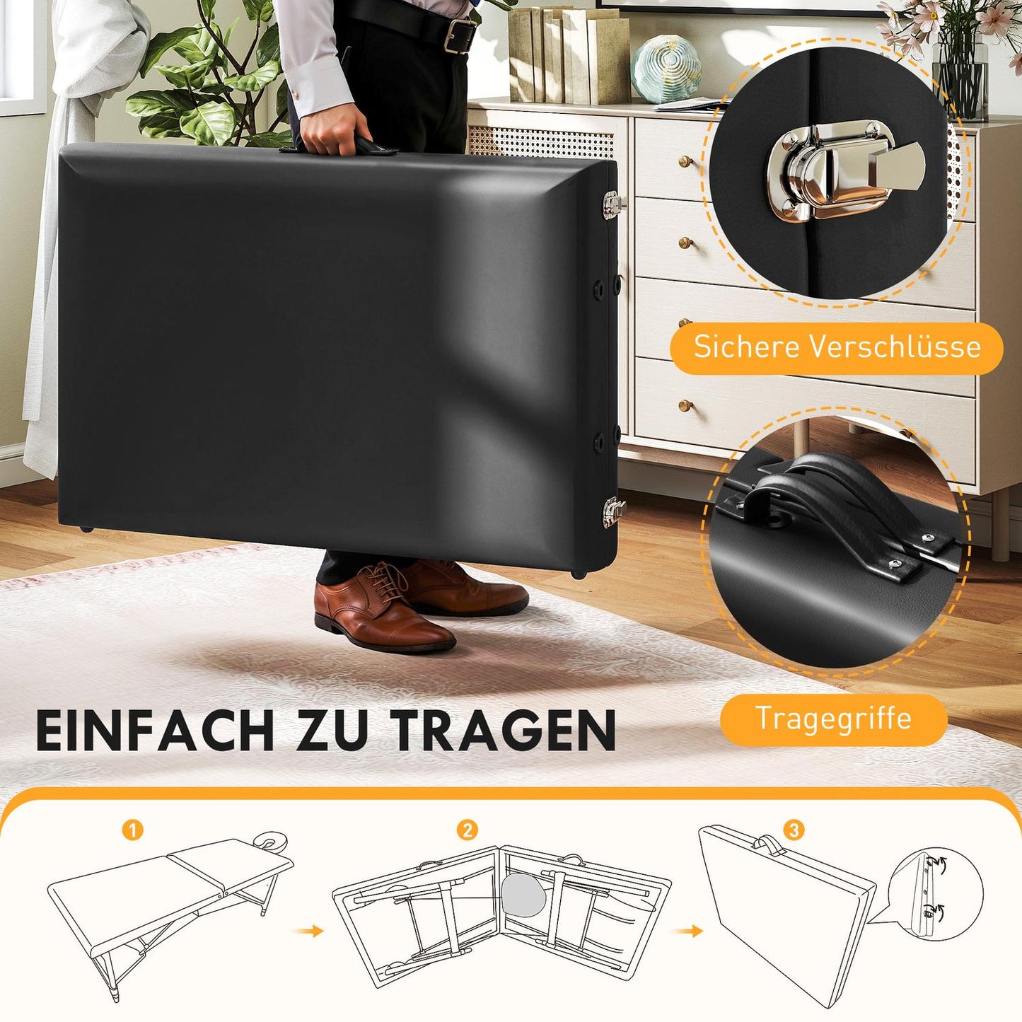 Foldable Massage Table, Height-Adjustable, Black, Wood Frame
