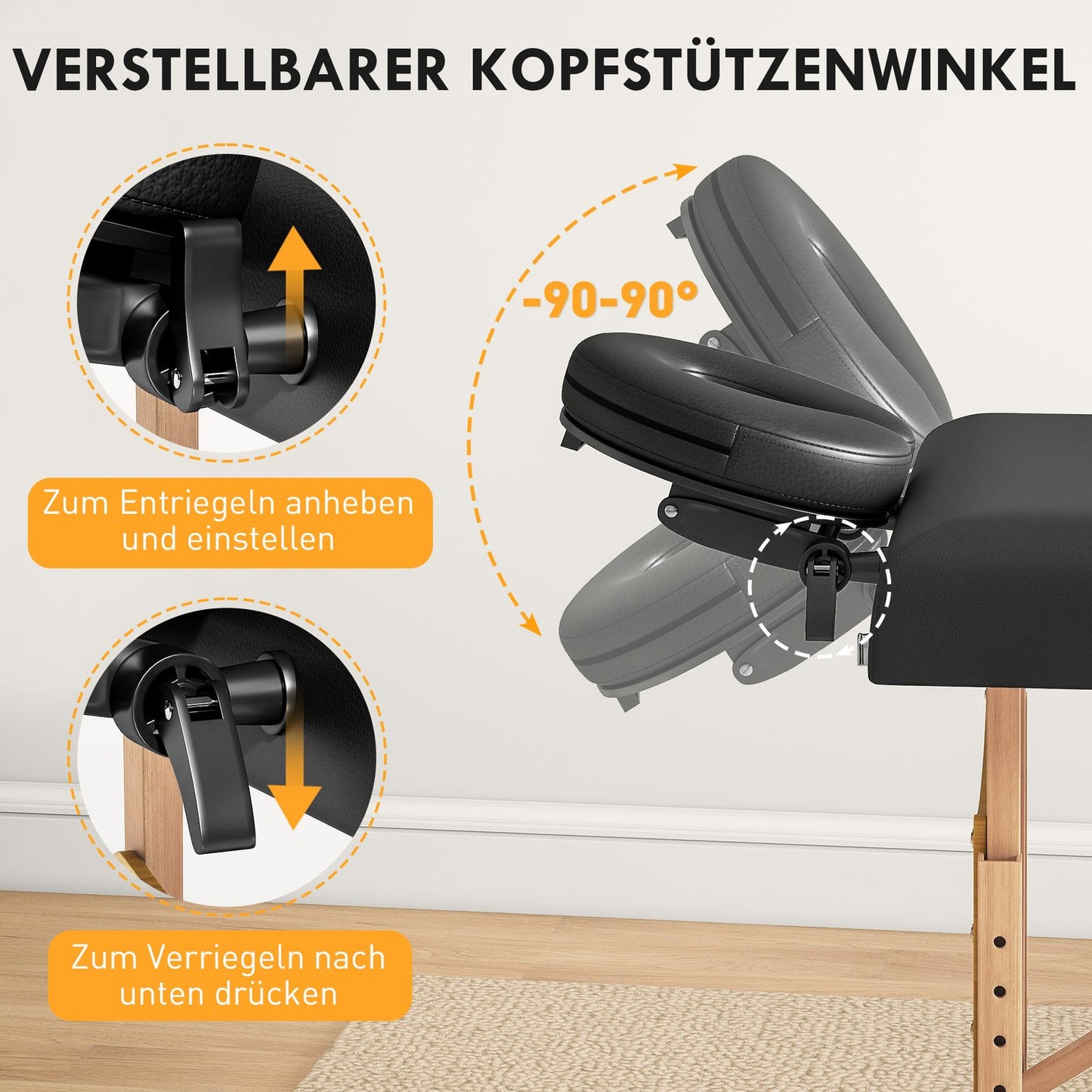 Foldable Massage Table, Height-Adjustable, Black, Wood Frame