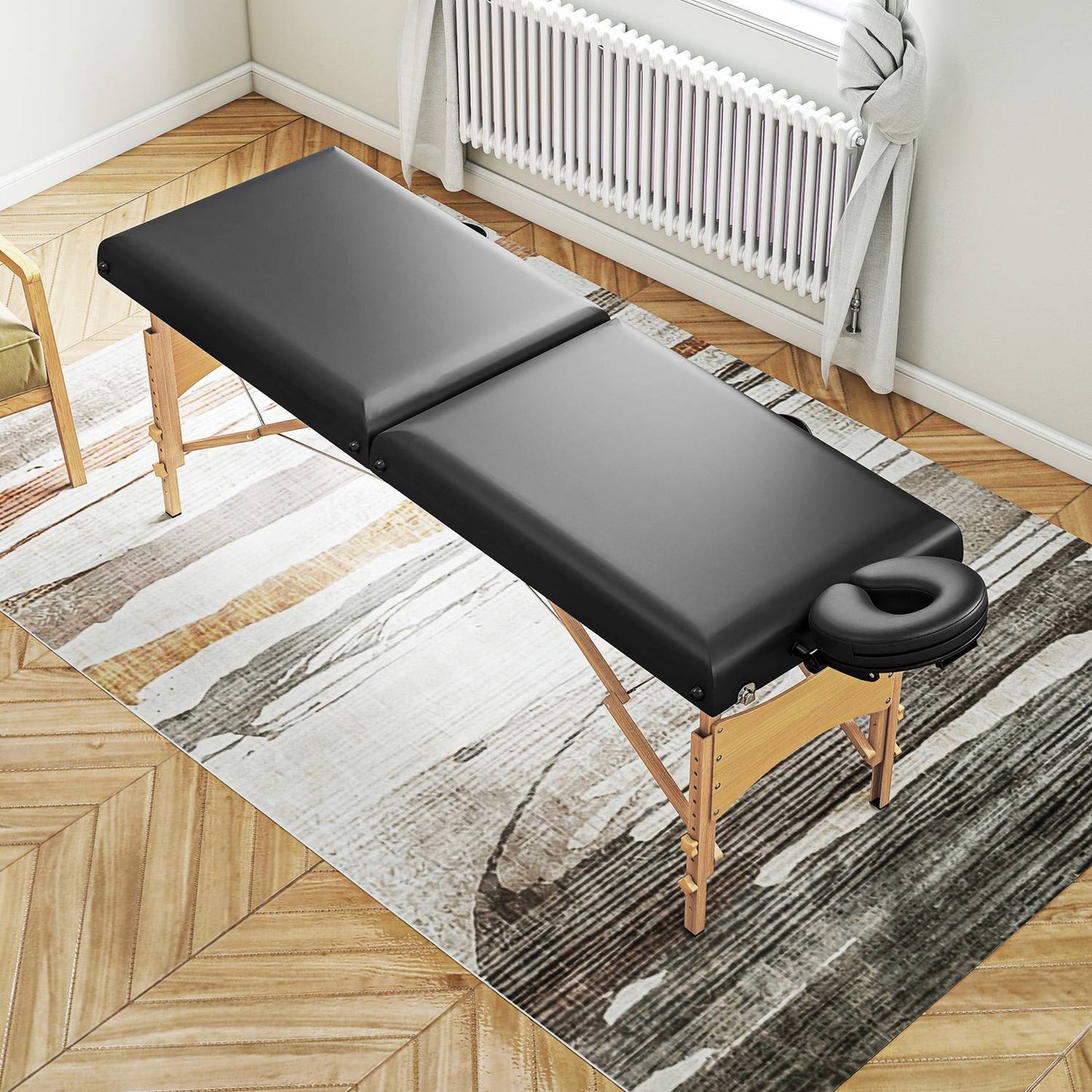 Foldable Massage Table, Height-Adjustable, Black, Wood Frame