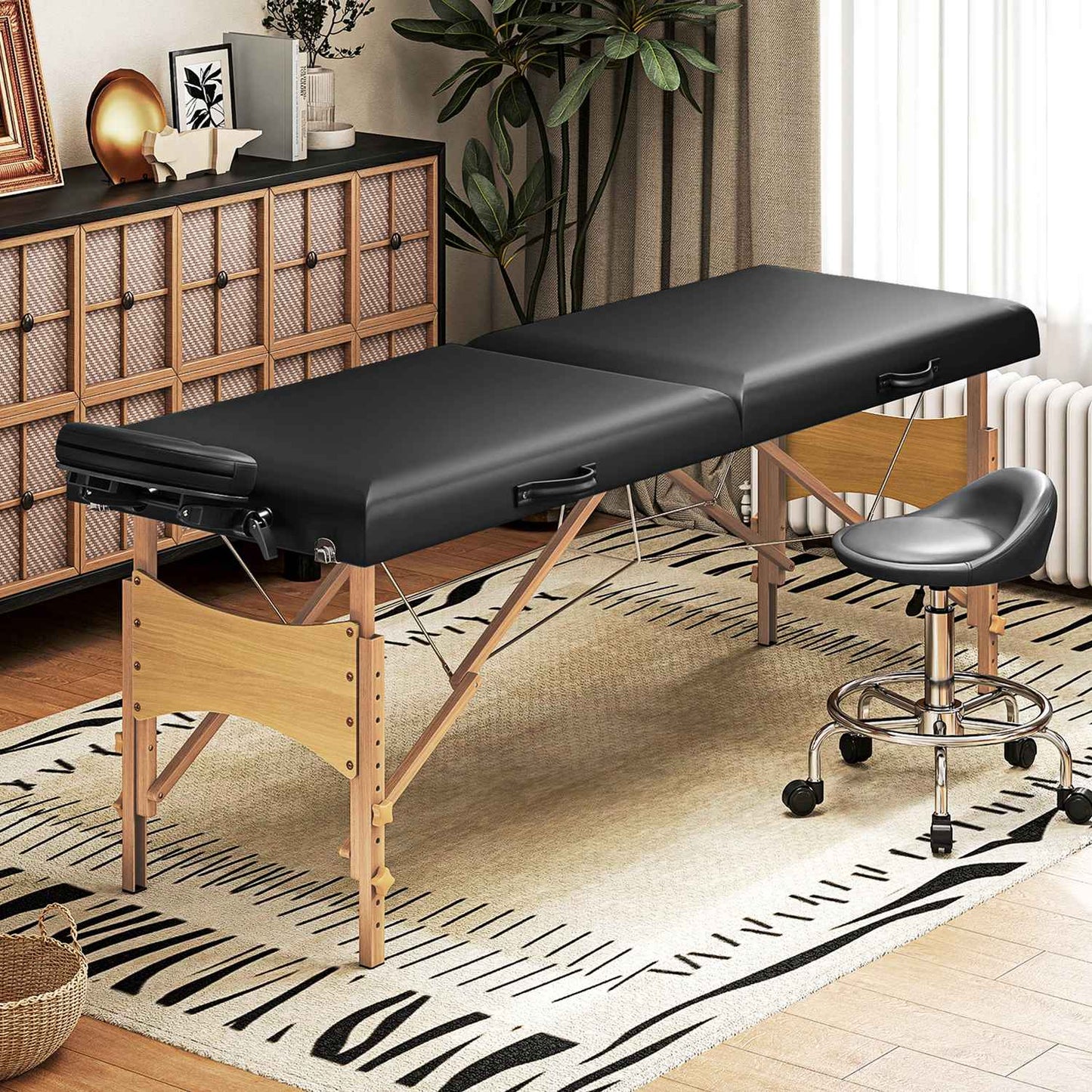 Foldable Massage Table, Height-Adjustable, Black, Wood Frame