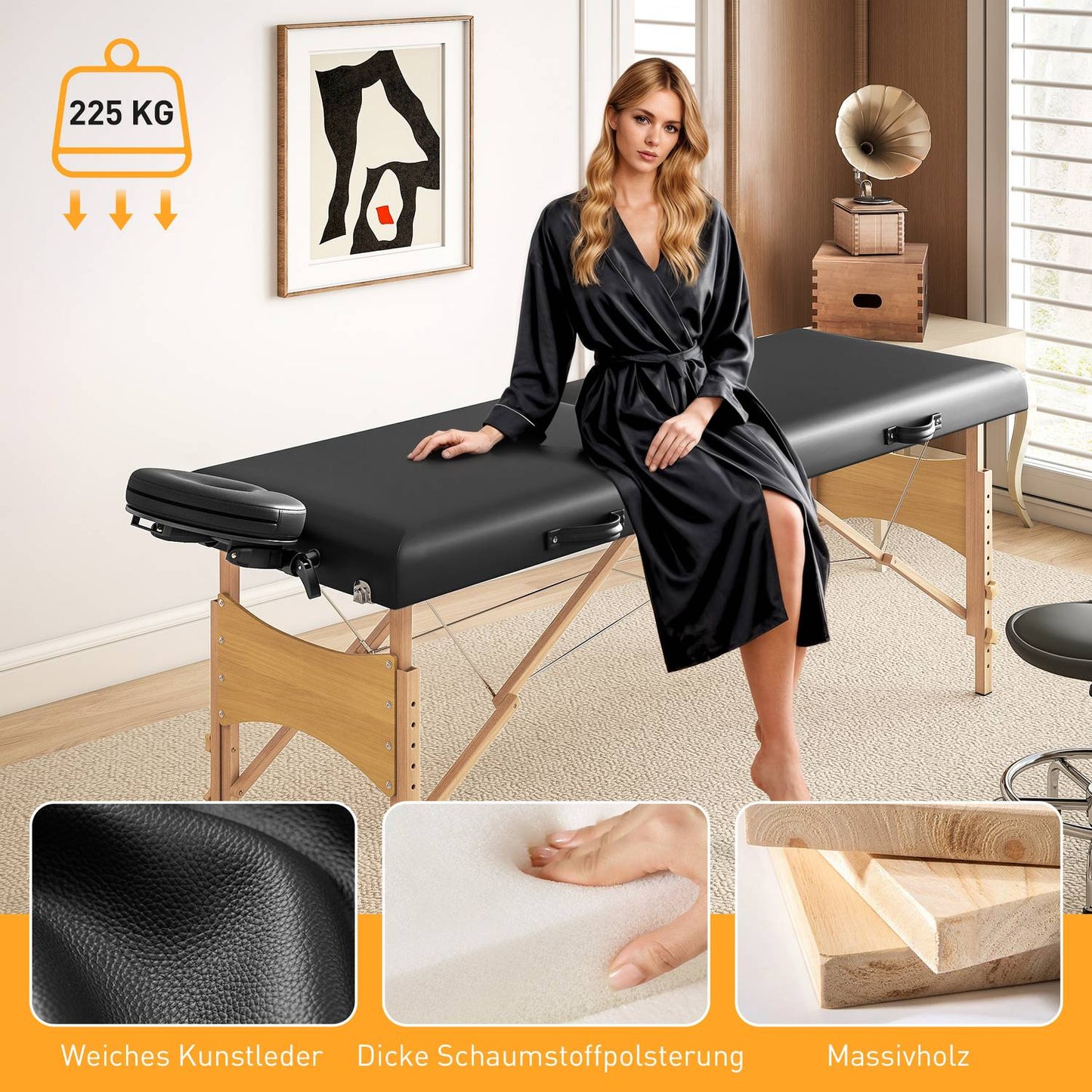Foldable Massage Table, Height-Adjustable, Black, Wood Frame