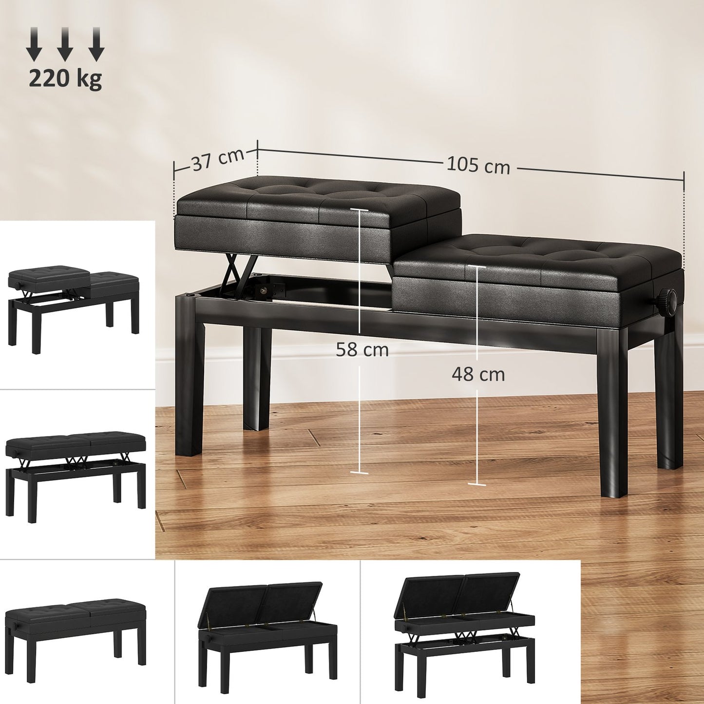 Height-adjustable piano bench, storage, black artificial leather