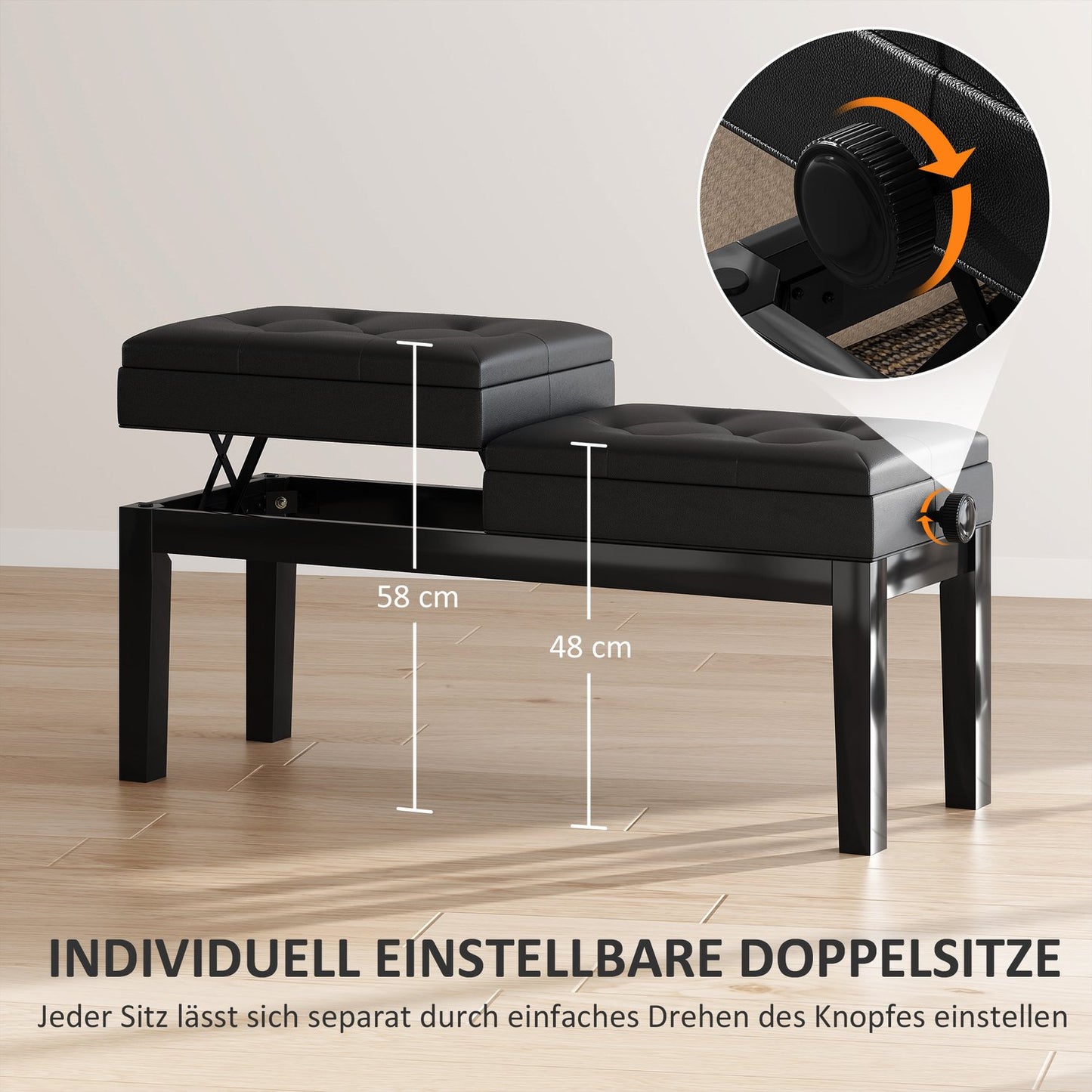 Height-adjustable piano bench, storage, black artificial leather