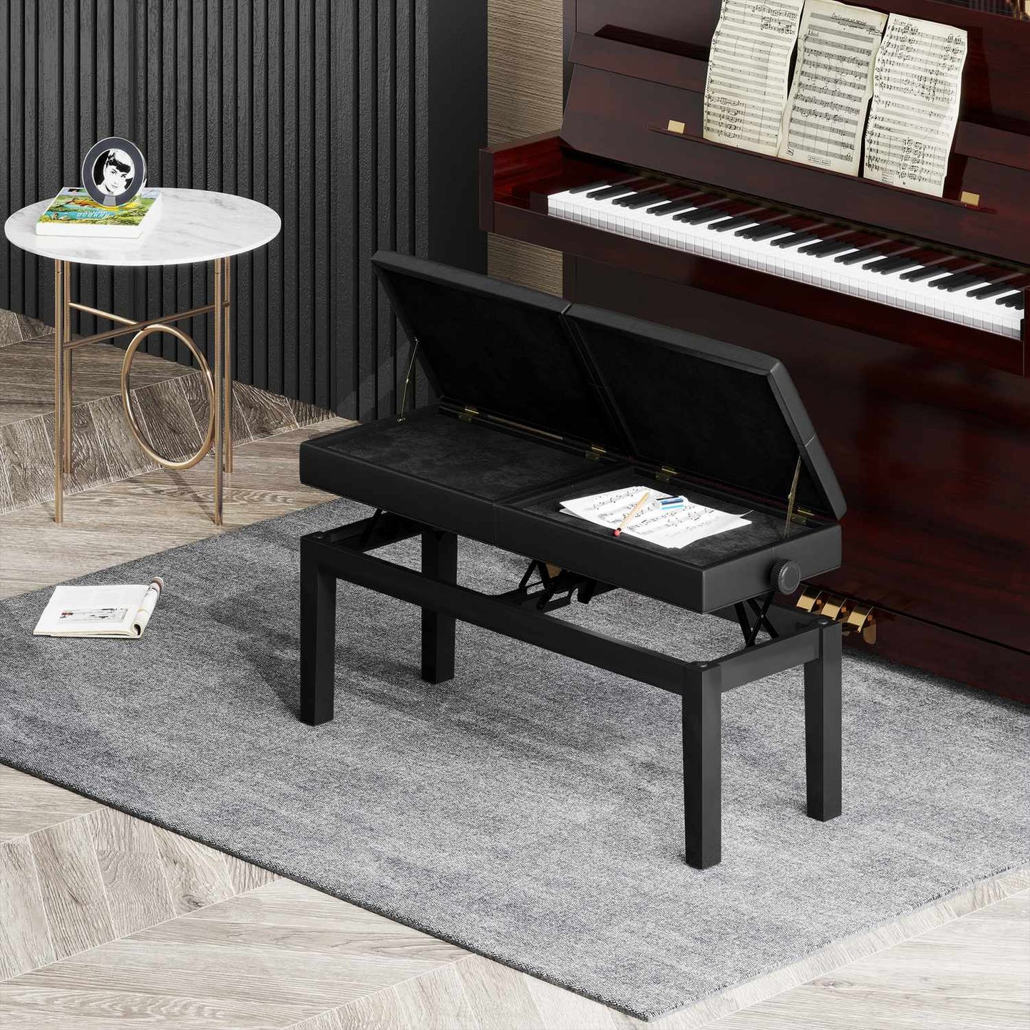 Height-adjustable piano bench, storage, black artificial leather