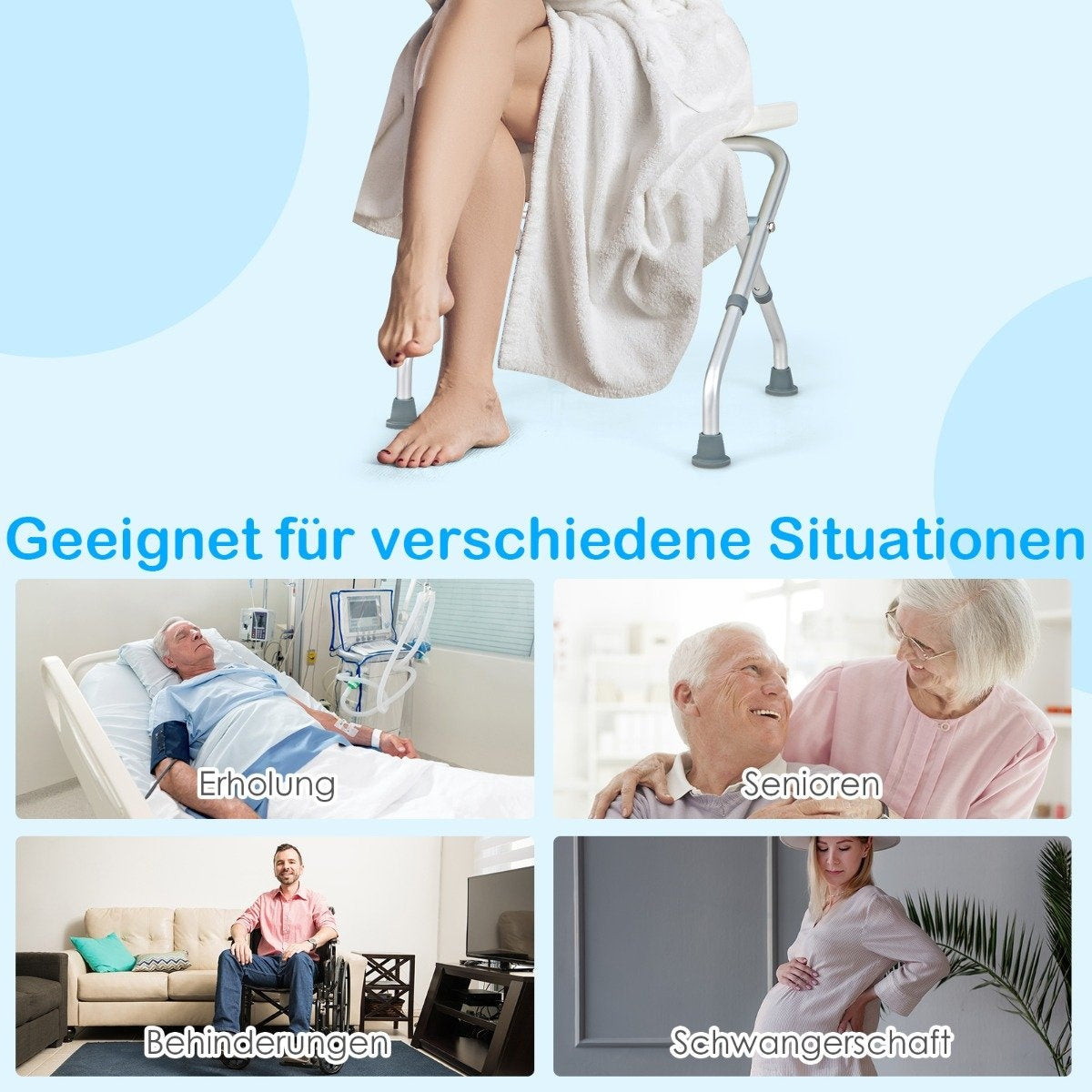 Height-adjustable shower stool with non-slip rubber feet, 150 kg load capacity, shower bench, white