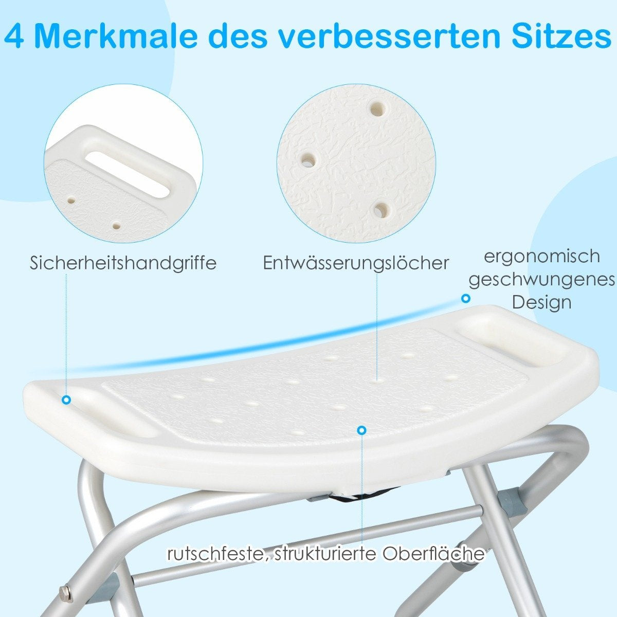 Height-adjustable shower stool with non-slip rubber feet, 150 kg load capacity, shower bench, white