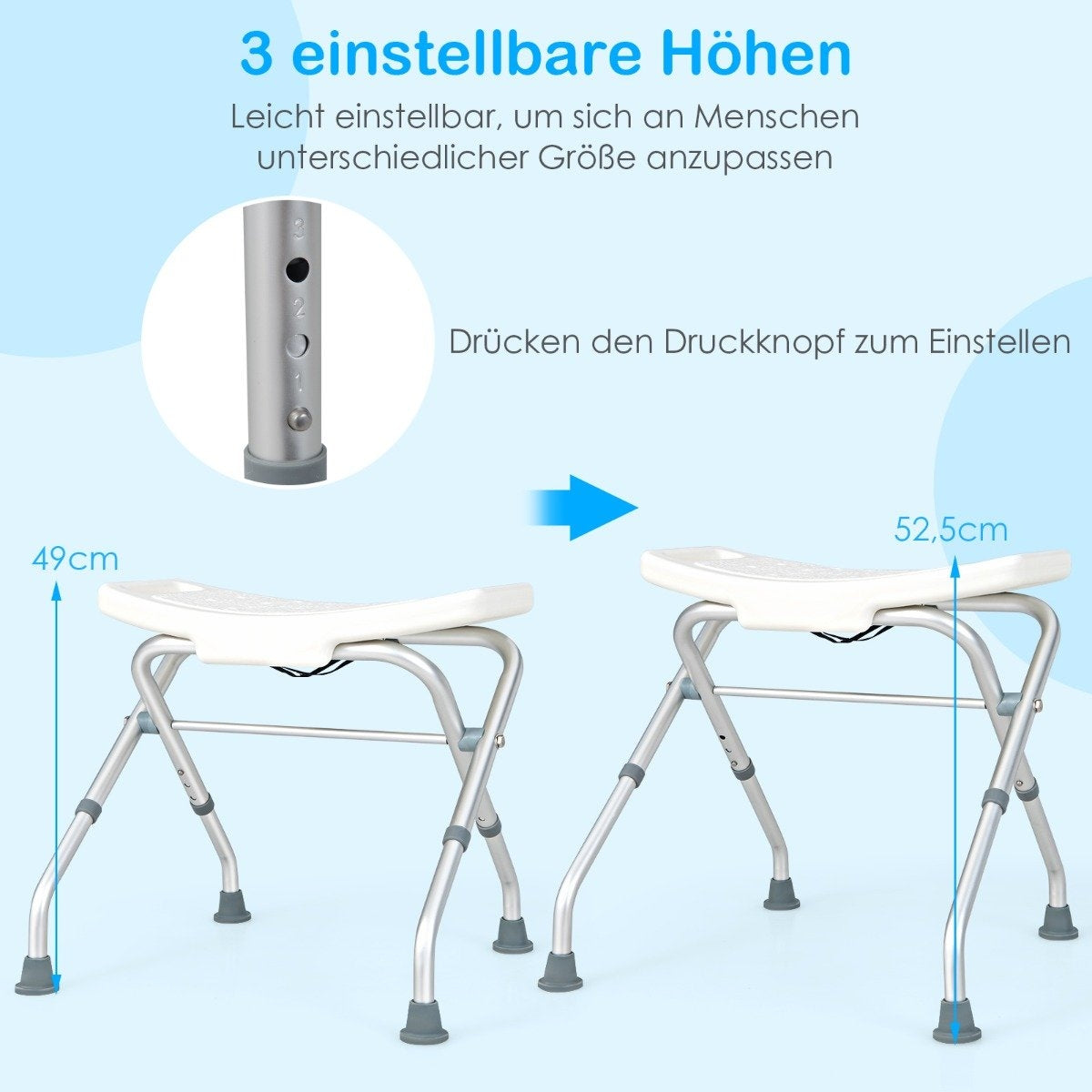 Height-adjustable shower stool with non-slip rubber feet, 150 kg load capacity, shower bench, white