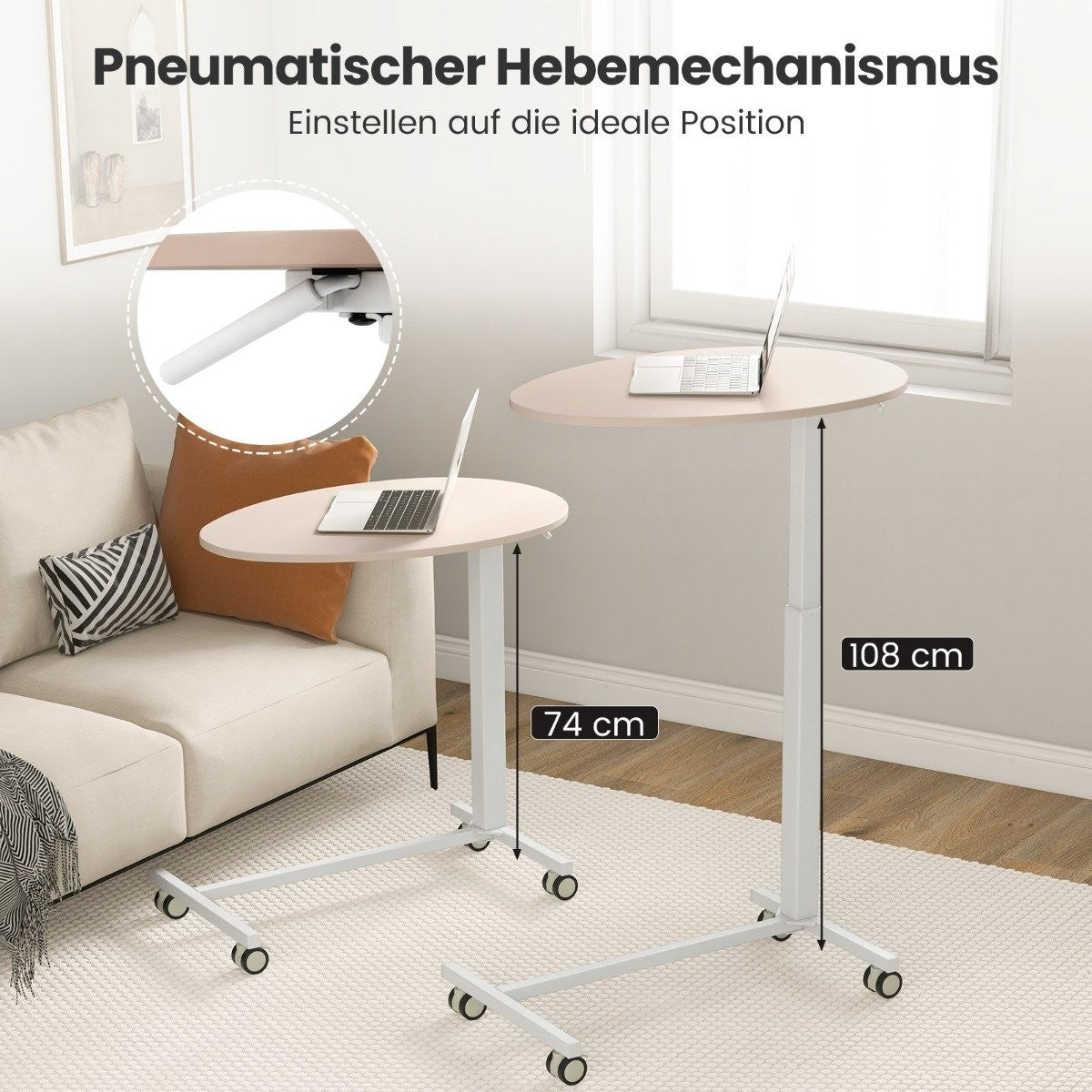 Height-adjustable side table with wheels Mobile laptop table 74-108 cm pink + white static load up to 75 kg