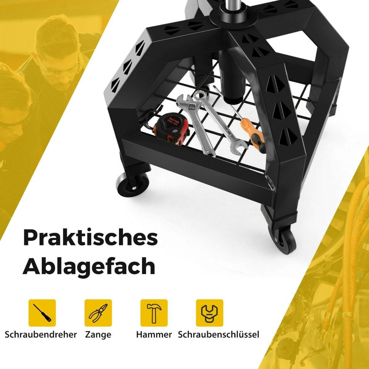 Height-adjustable workshop stool 150 kg load capacity with tool tray workshop chair black